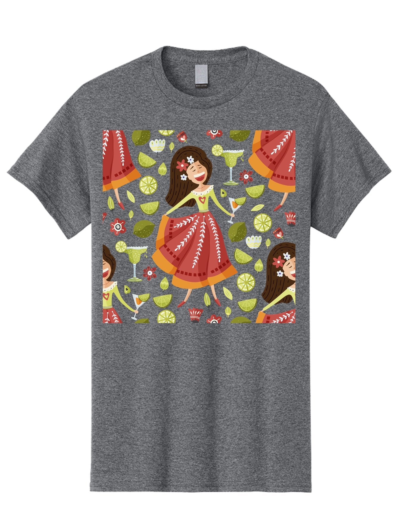 Hula-Girl Men'S Graphic Tee, 100% Cotton, Comfortable Casual Summer Wear, Machine Washable, Hula Girl, Hawaiian Dance, Margarita Cocktails, Citrus Fruits, Floral Patterns, Tropical Leaves, Dancing Woman, Festive Atmosphere, Joyful Moments, -  Aaa255 5