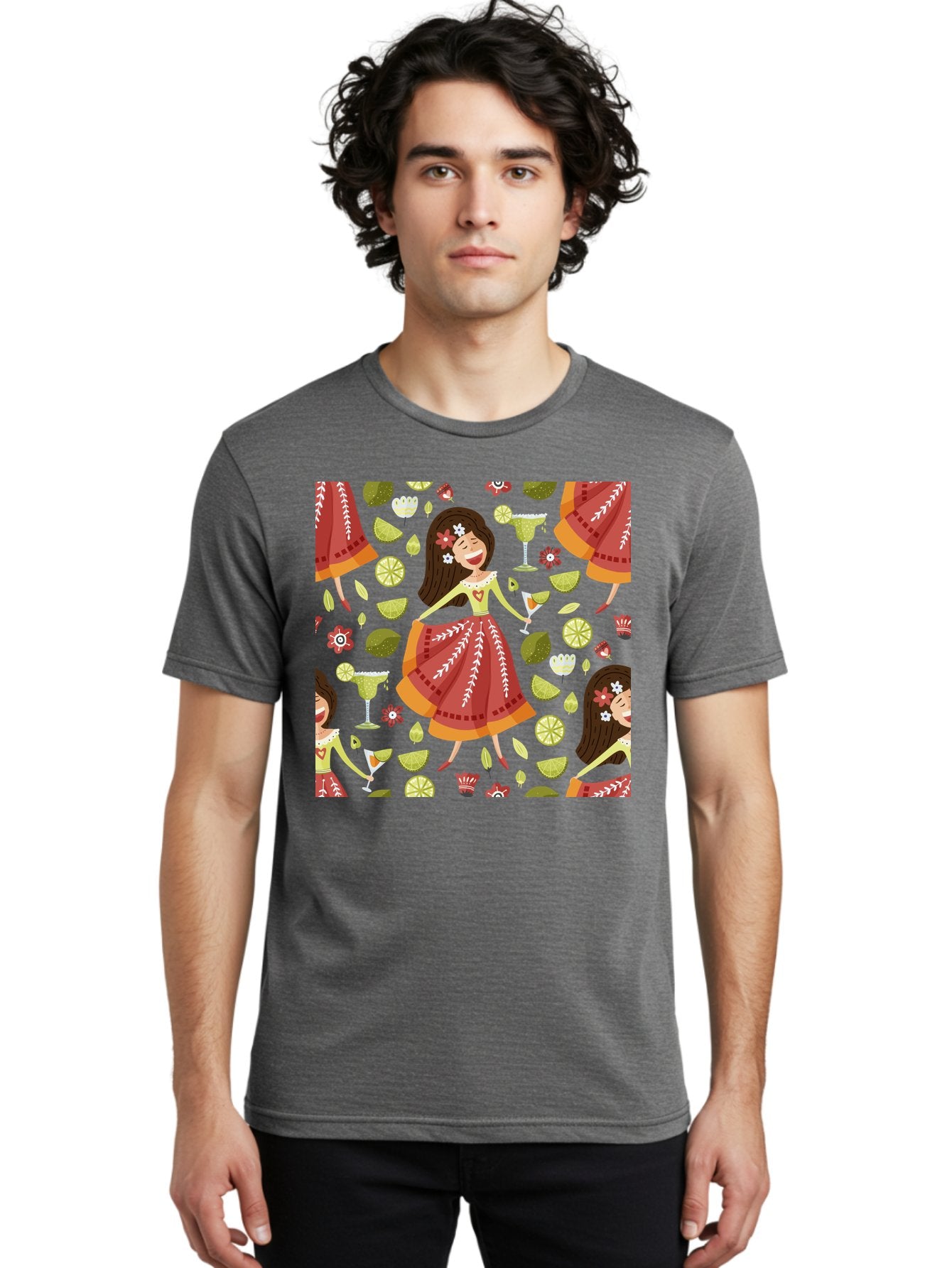 Hula-Girl Men'S Graphic Tee, 100% Cotton, Comfortable Casual Summer Wear, Machine Washable, Hula Girl, Hawaiian Dance, Margarita Cocktails, Citrus Fruits, Floral Patterns, Tropical Leaves, Dancing Woman, Festive Atmosphere, Joyful Moments, -  Aaa255 6