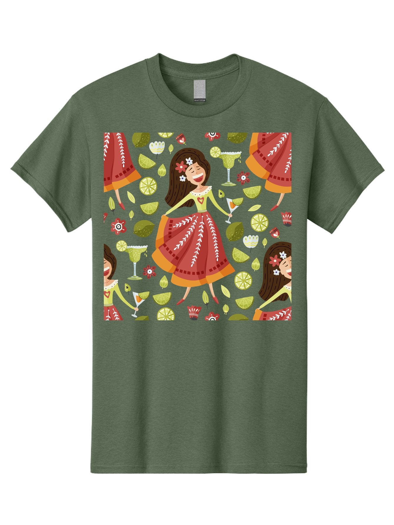 Hula-Girl Men'S Graphic Tee, 100% Cotton, Comfortable Casual Summer Wear, Machine Washable, Hula Girl, Hawaiian Dance, Margarita Cocktails, Citrus Fruits, Floral Patterns, Tropical Leaves, Dancing Woman, Festive Atmosphere, Joyful Moments, -  Aaa255 25