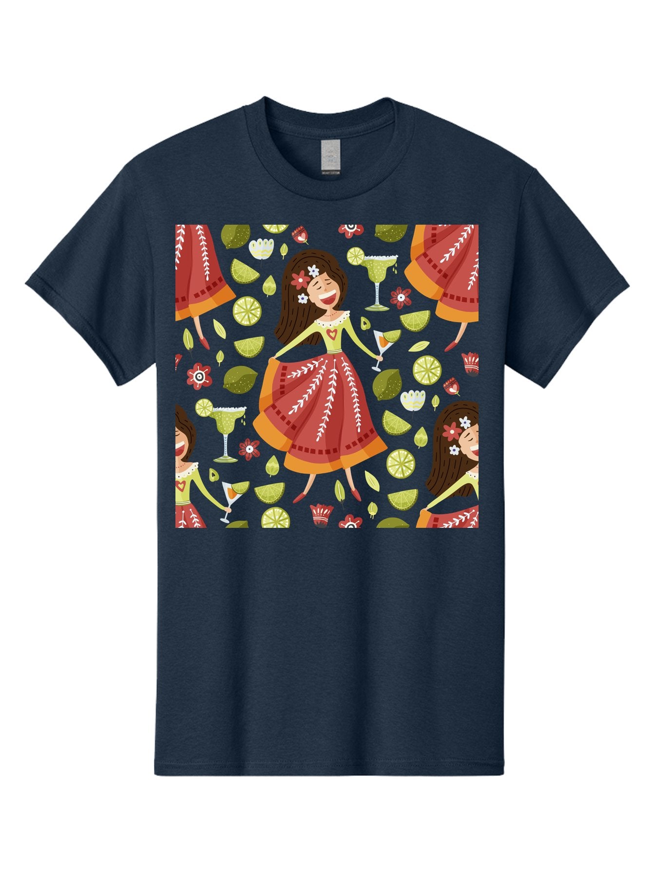 Hula-Girl Men'S Graphic Tee, 100% Cotton, Comfortable Casual Summer Wear, Machine Washable, Hula Girl, Hawaiian Dance, Margarita Cocktails, Citrus Fruits, Floral Patterns, Tropical Leaves, Dancing Woman, Festive Atmosphere, Joyful Moments, -  Aaa255 15