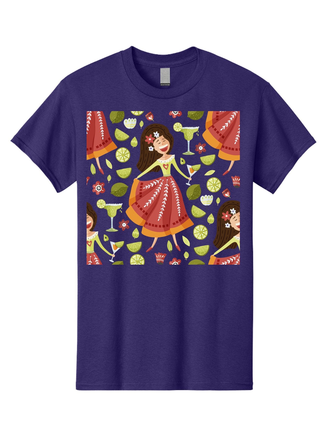 Hula-Girl Men'S Graphic Tee, 100% Cotton, Comfortable Casual Summer Wear, Machine Washable, Hula Girl, Hawaiian Dance, Margarita Cocktails, Citrus Fruits, Floral Patterns, Tropical Leaves, Dancing Woman, Festive Atmosphere, Joyful Moments, -  Aaa255 3