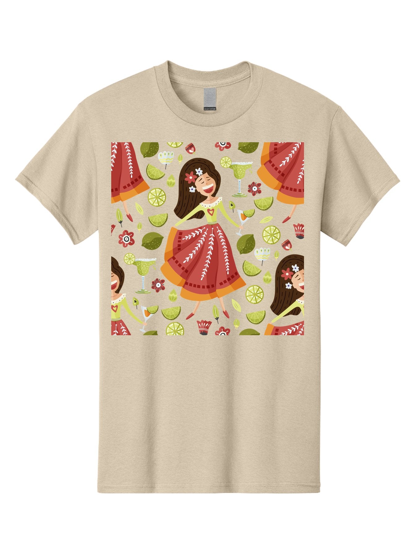 Hula-Girl Men'S Graphic Tee, 100% Cotton, Comfortable Casual Summer Wear, Machine Washable, Hula Girl, Hawaiian Dance, Margarita Cocktails, Citrus Fruits, Floral Patterns, Tropical Leaves, Dancing Woman, Festive Atmosphere, Joyful Moments, -  Aaa255 23