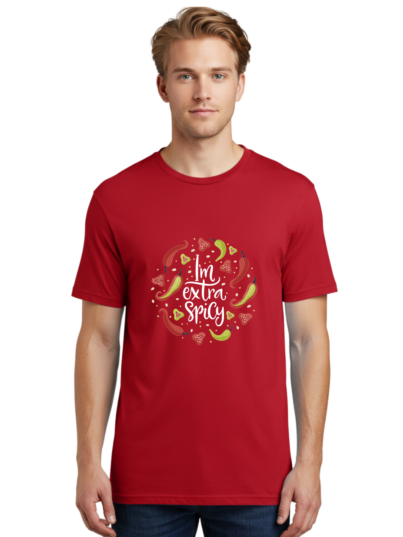 I-M-Extra-Spicy-1 Men'S Graphic Tee, 100% Cotton, Comfortable Casual Summer Wear, Machine Washable, Spicy Food, Hot Peppers, Chili Peppers, Strawberries, Flavorful Cuisine, Bold Flavors, Spicy Personality, Fun Design -  Aaa258 30