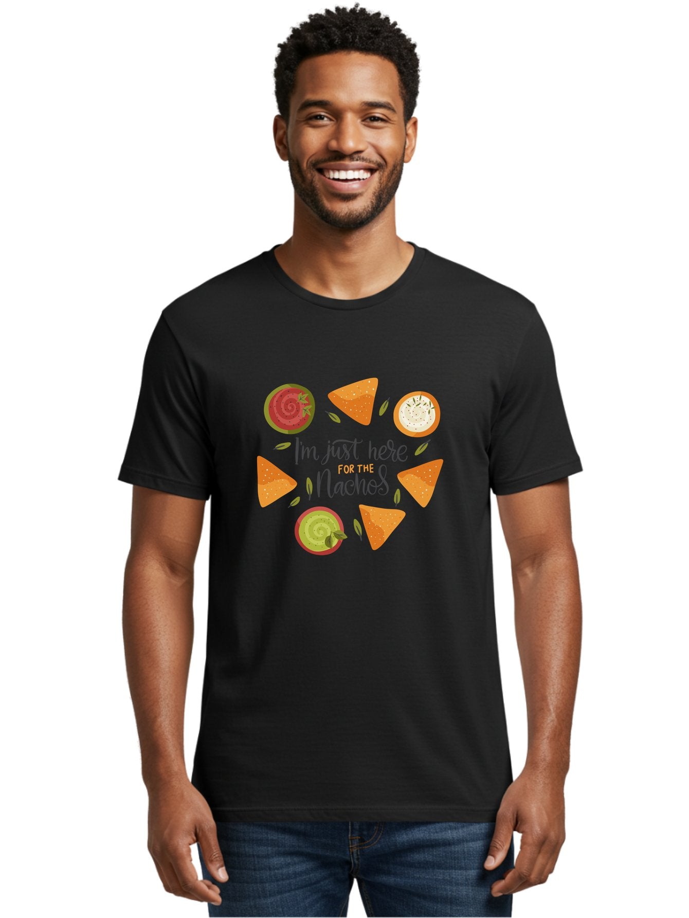 I-M-Just-Here-For-The-Nachos-1 Men'S Graphic Tee, 100% Cotton, Comfortable Casual Summer Wear, Machine Washable, Nachos, Dips, Salsa, Guacamole, Queso, Tortilla Chips, Snack Time, Mexican Food, Party Food, Nacho Cheese, Appetizer -  Aaa262 6