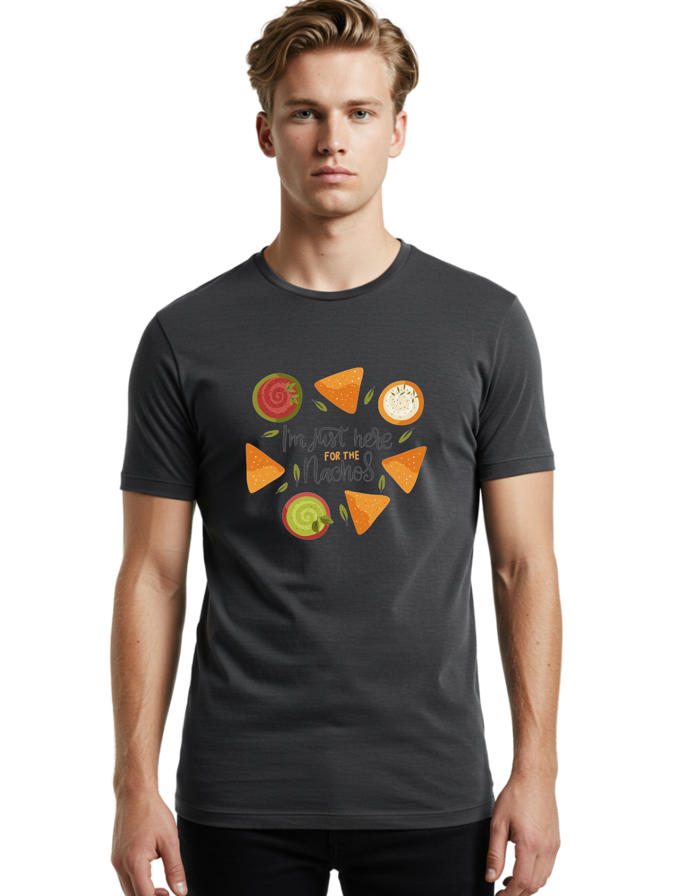 I-M-Just-Here-For-The-Nachos-1 Men'S Graphic Tee, 100% Cotton, Comfortable Casual Summer Wear, Machine Washable, Nachos, Dips, Salsa, Guacamole, Queso, Tortilla Chips, Snack Time, Mexican Food, Party Food, Nacho Cheese, Appetizer -  Aaa262 14