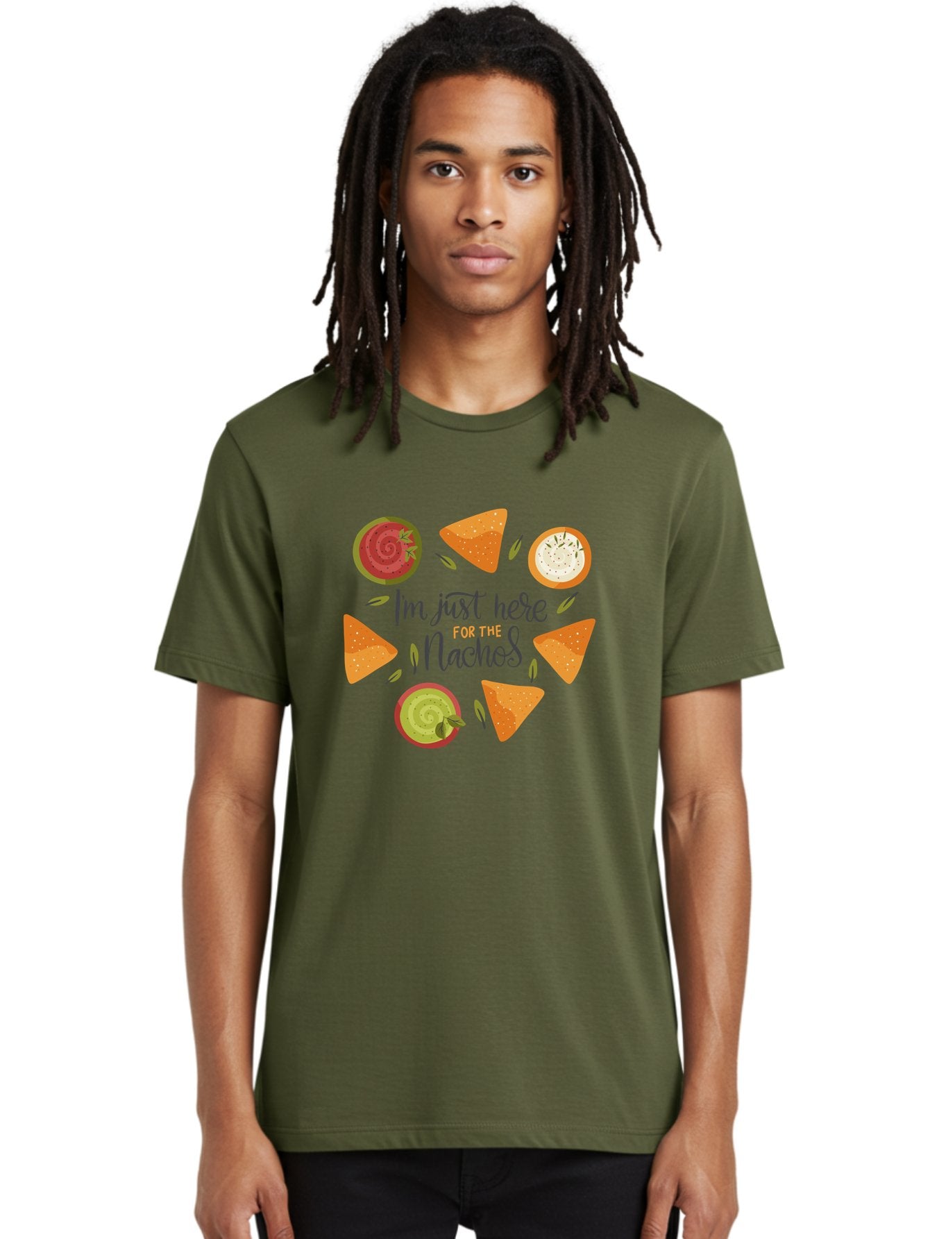 I-M-Just-Here-For-The-Nachos-1 Men'S Graphic Tee, 100% Cotton, Comfortable Casual Summer Wear, Machine Washable, Nachos, Dips, Salsa, Guacamole, Queso, Tortilla Chips, Snack Time, Mexican Food, Party Food, Nacho Cheese, Appetizer -  Aaa262 20