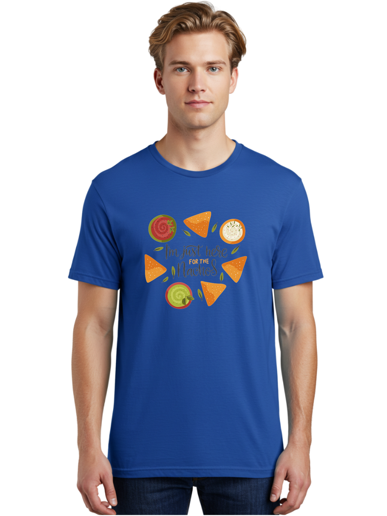 I-M-Just-Here-For-The-Nachos-1 Men'S Graphic Tee, 100% Cotton, Comfortable Casual Summer Wear, Machine Washable, Nachos, Dips, Salsa, Guacamole, Queso, Tortilla Chips, Snack Time, Mexican Food, Party Food, Nacho Cheese, Appetizer -  Aaa262