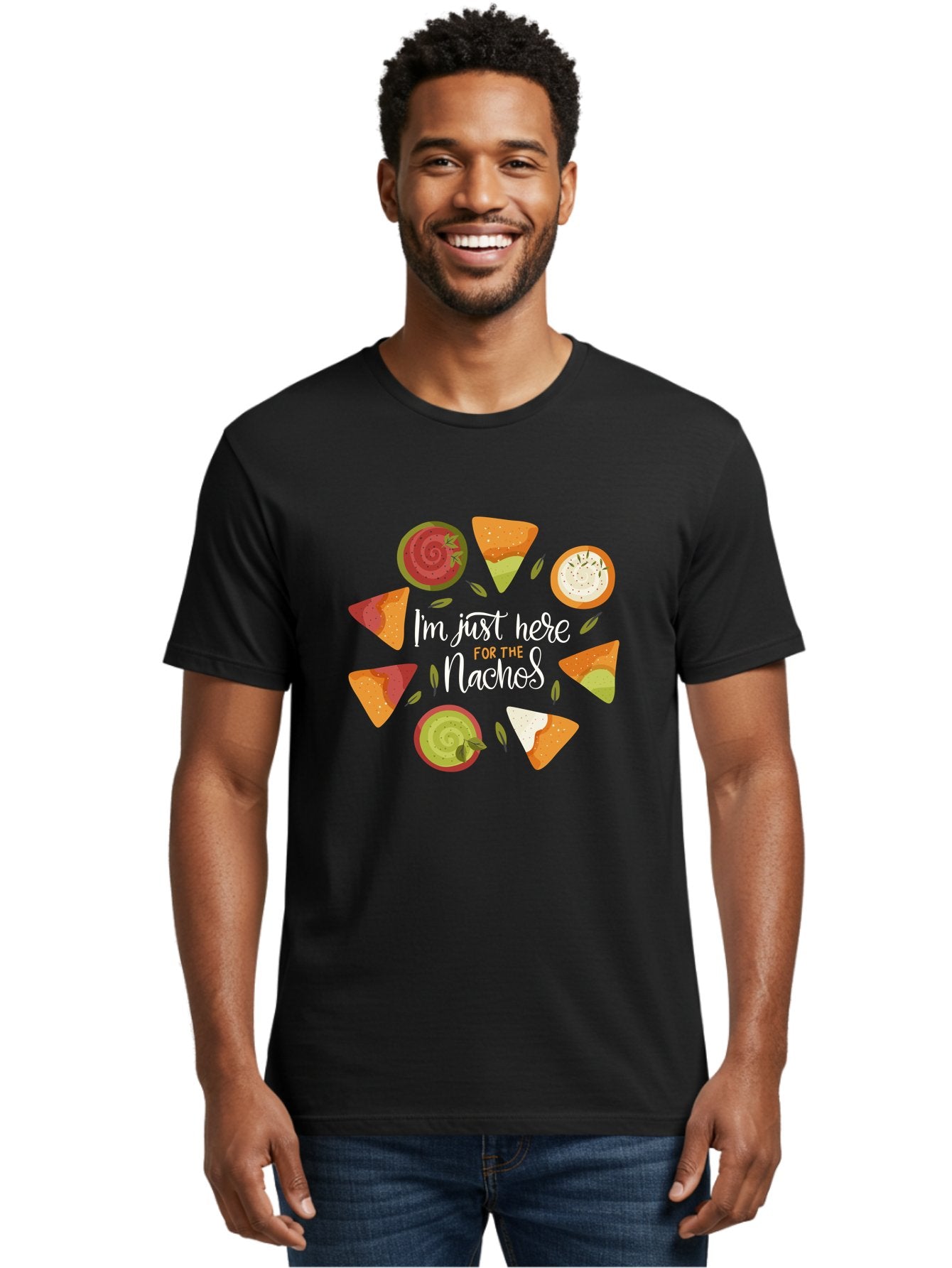 I-M-Just-Here-For-The-Nachos Men'S Graphic Tee, 100% Cotton, Comfortable Casual Summer Wear, Machine Washable, Nachos, Tortilla Chips, Dips, Salsa, Guacamole, Mexican Food, Snack Time, Party Food, Appetizer, Finger Food, Delicious -  Aaa265 24