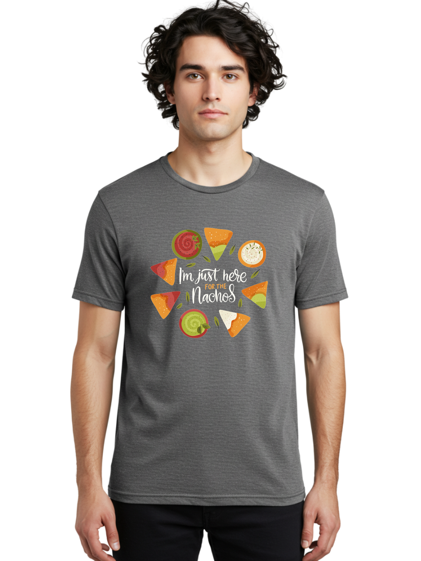 I-M-Just-Here-For-The-Nachos Men'S Graphic Tee, 100% Cotton, Comfortable Casual Summer Wear, Machine Washable, Nachos, Tortilla Chips, Dips, Salsa, Guacamole, Mexican Food, Snack Time, Party Food, Appetizer, Finger Food, Delicious -  Aaa265 24