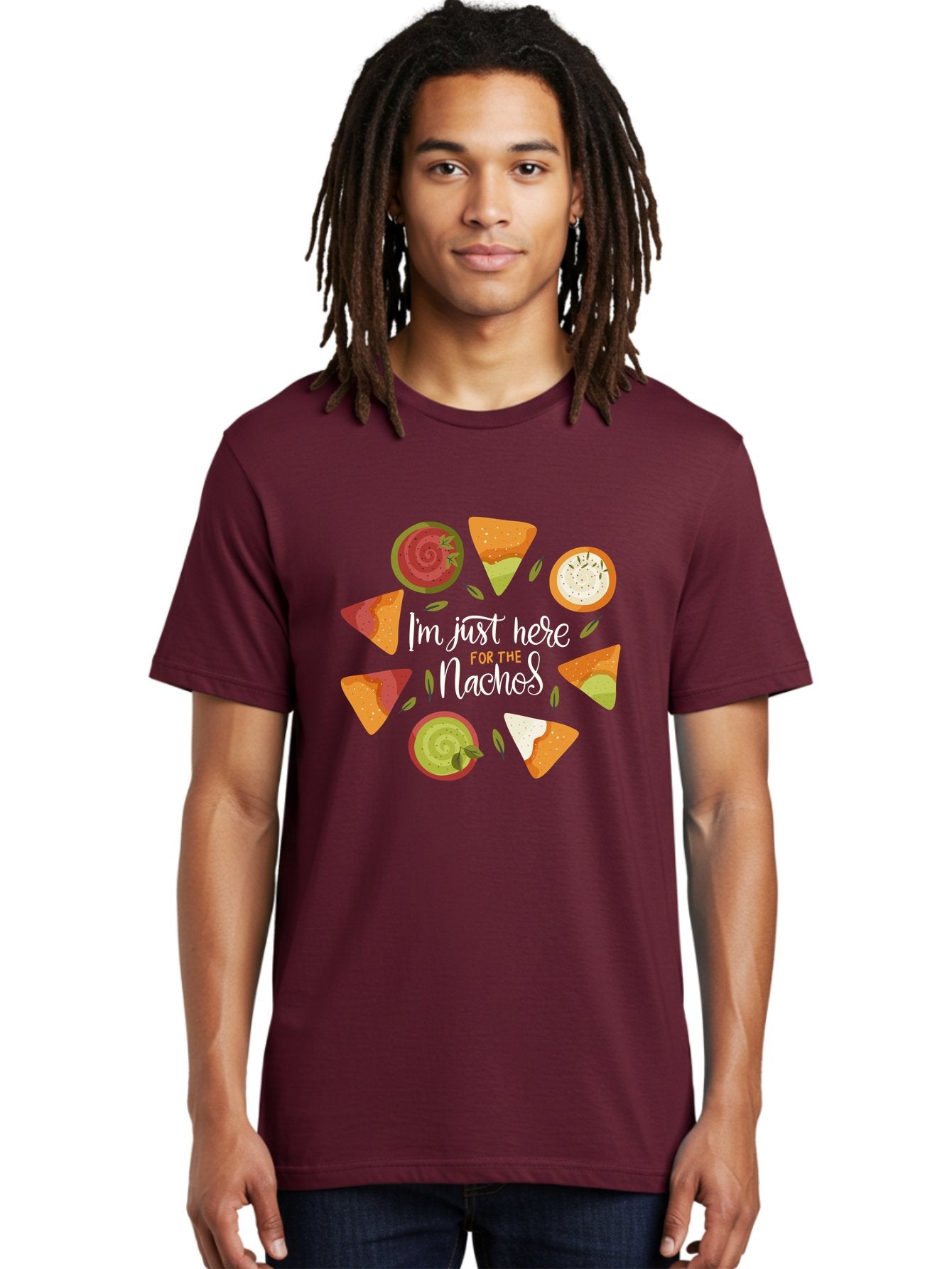 I-M-Just-Here-For-The-Nachos Men'S Graphic Tee, 100% Cotton, Comfortable Casual Summer Wear, Machine Washable, Nachos, Tortilla Chips, Dips, Salsa, Guacamole, Mexican Food, Snack Time, Party Food, Appetizer, Finger Food, Delicious -  Aaa265 10