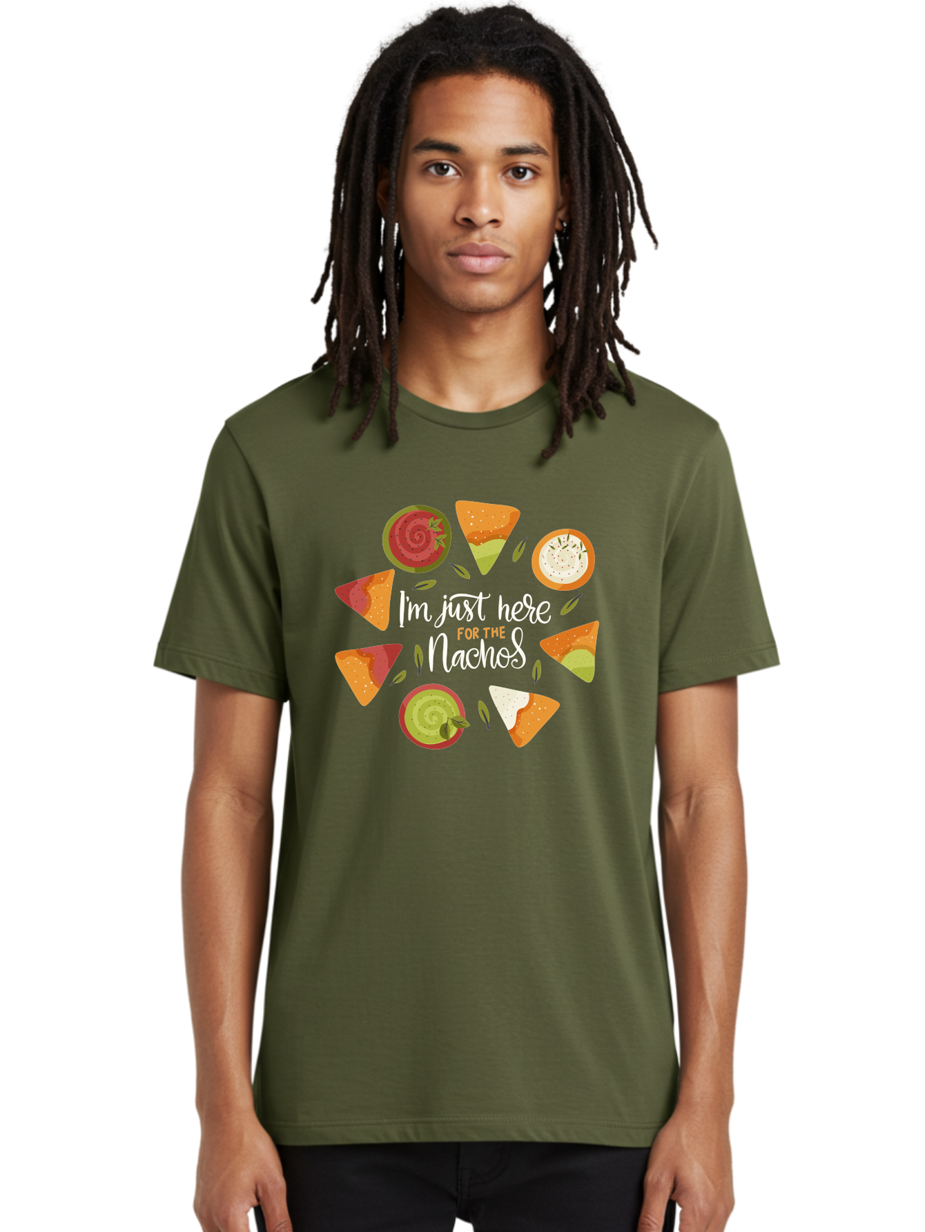 I-M-Just-Here-For-The-Nachos Men'S Graphic Tee, 100% Cotton, Comfortable Casual Summer Wear, Machine Washable, Nachos, Tortilla Chips, Dips, Salsa, Guacamole, Mexican Food, Snack Time, Party Food, Appetizer, Finger Food, Delicious -  Aaa265