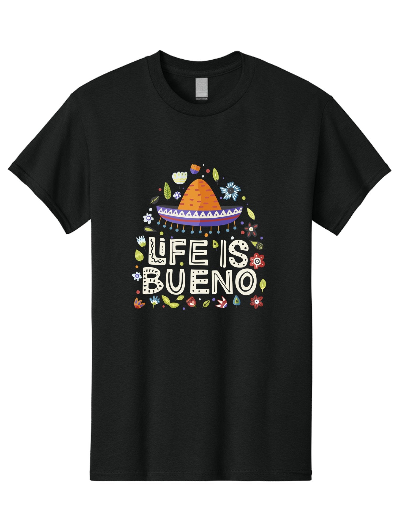 Life-Is-Bueno-1 Men'S Graphic Tee, 100% Cotton, Comfortable Casual Summer Wear, Machine Washable, Colorful Illustration, Sombrero Hat, Flowers, Leaves, Vibrant Colors, Festive Design, Mexican Culture, Positive Vibes, Inspirational Quote, -  Aaa269 19