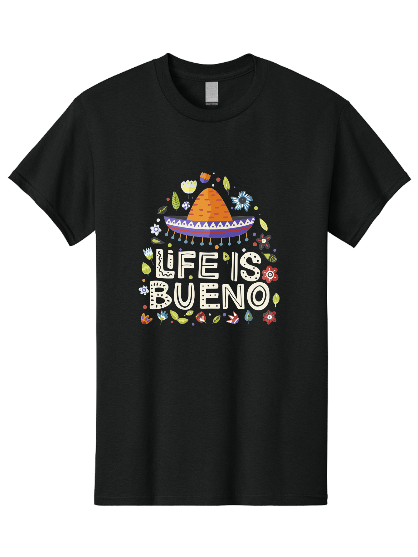 Life-Is-Bueno-1 Men'S Graphic Tee, 100% Cotton, Comfortable Casual Summer Wear, Machine Washable, Colorful Illustration, Sombrero Hat, Flowers, Leaves, Vibrant Colors, Festive Design, Mexican Culture, Positive Vibes, Inspirational Quote, -  Aaa269
