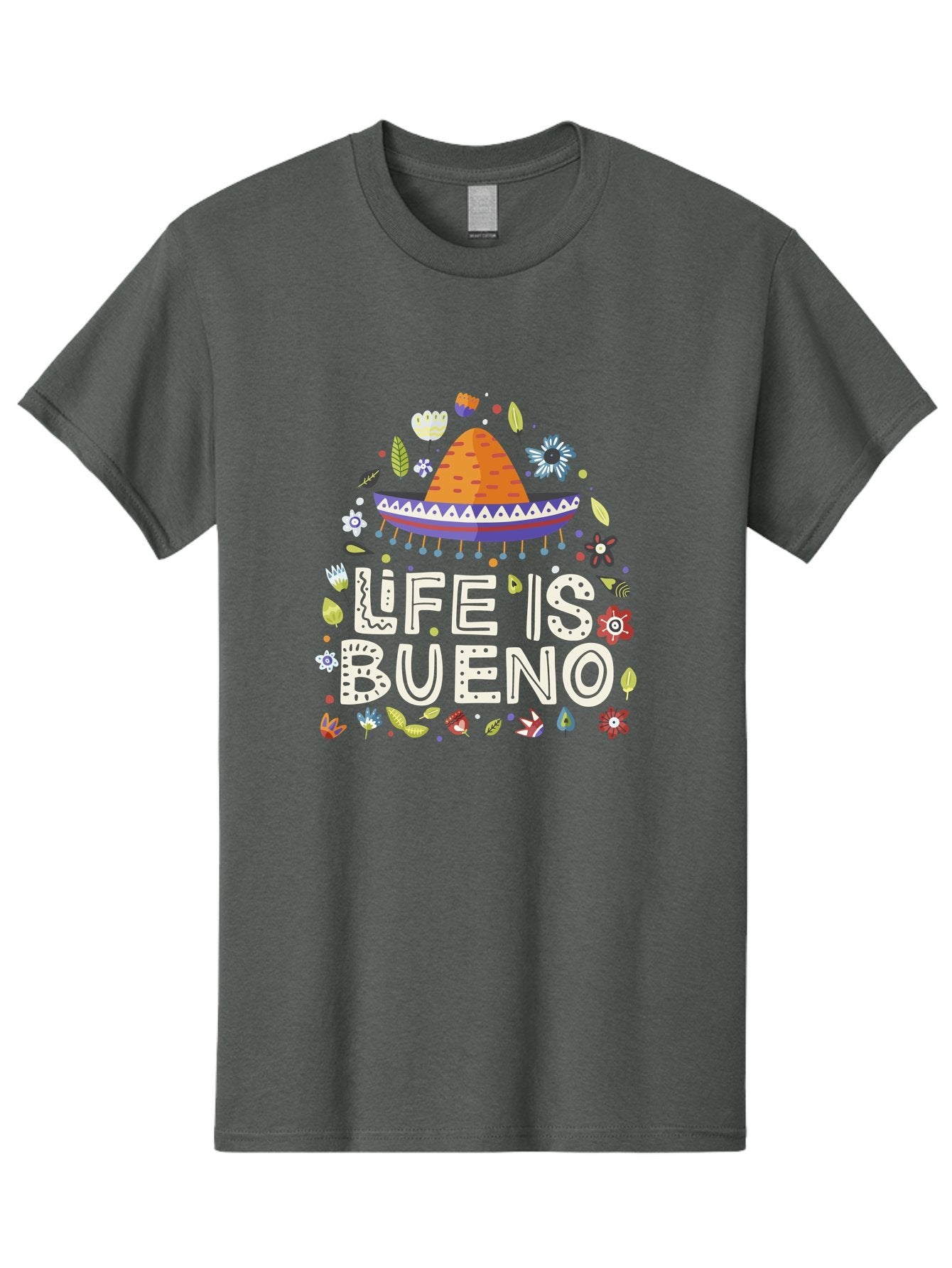 Life-Is-Bueno-1 Men'S Graphic Tee, 100% Cotton, Comfortable Casual Summer Wear, Machine Washable, Colorful Illustration, Sombrero Hat, Flowers, Leaves, Vibrant Colors, Festive Design, Mexican Culture, Positive Vibes, Inspirational Quote, -  Aaa269 15