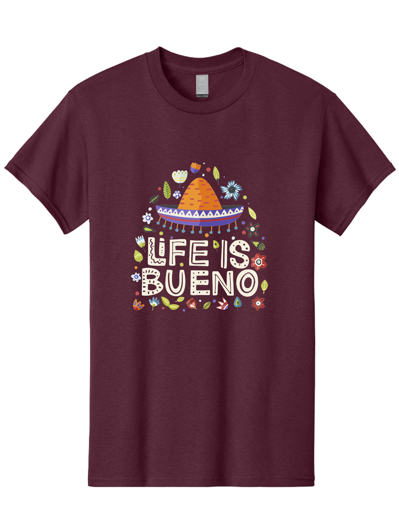 Life-Is-Bueno-1 Men'S Graphic Tee, 100% Cotton, Comfortable Casual Summer Wear, Machine Washable, Colorful Illustration, Sombrero Hat, Flowers, Leaves, Vibrant Colors, Festive Design, Mexican Culture, Positive Vibes, Inspirational Quote, -  Aaa269
