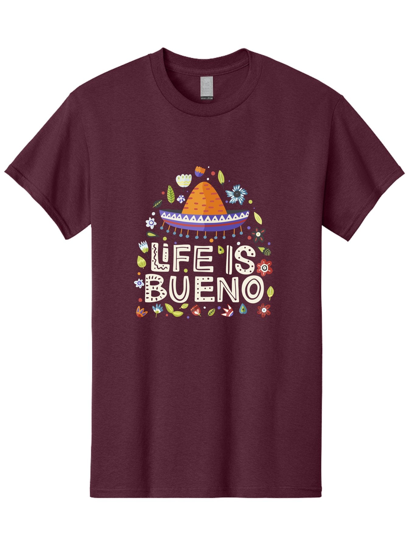 Life-Is-Bueno-1 Men'S Graphic Tee, 100% Cotton, Comfortable Casual Summer Wear, Machine Washable, Colorful Illustration, Sombrero Hat, Flowers, Leaves, Vibrant Colors, Festive Design, Mexican Culture, Positive Vibes, Inspirational Quote, -  Aaa269 21