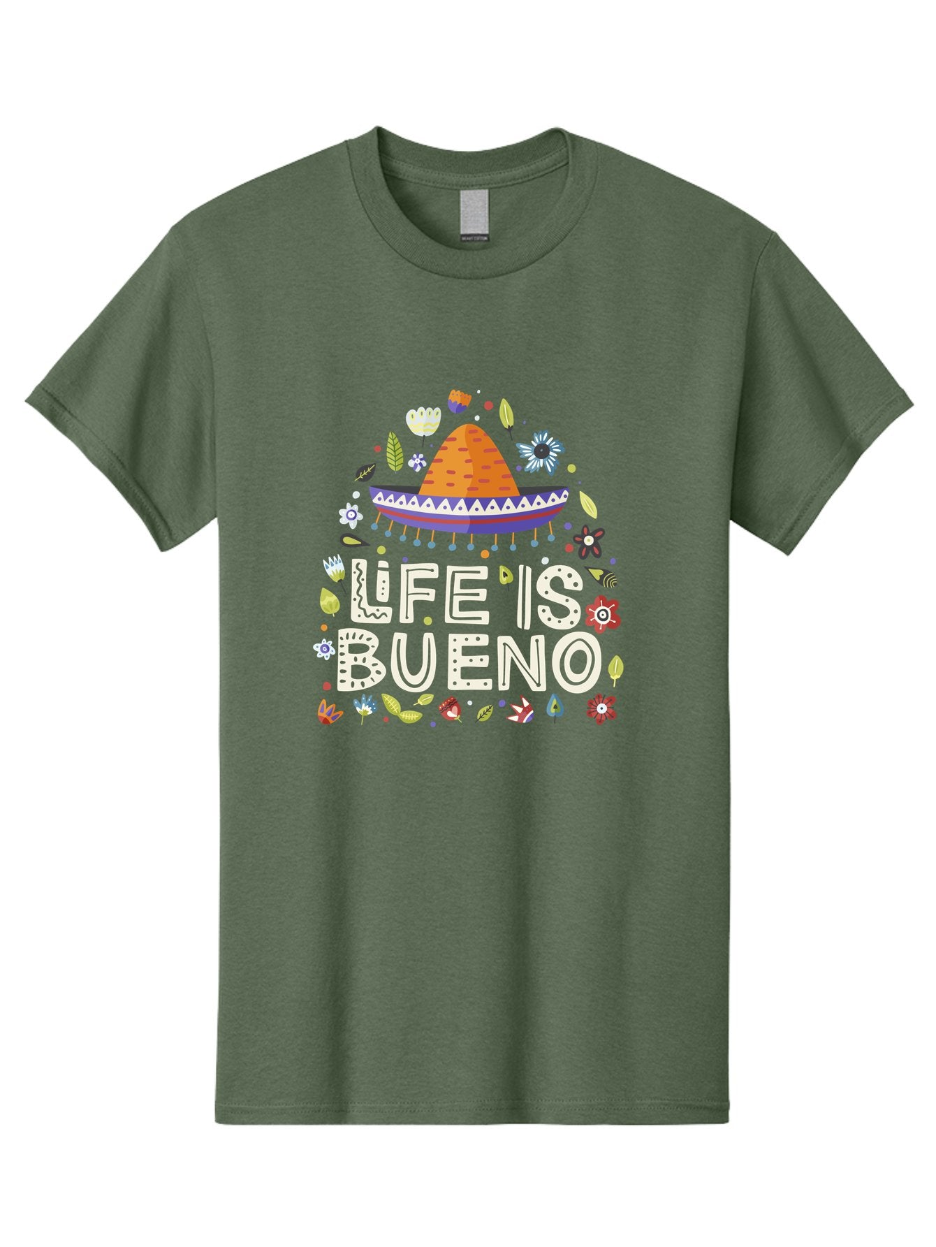 Life-Is-Bueno-1 Men'S Graphic Tee, 100% Cotton, Comfortable Casual Summer Wear, Machine Washable, Colorful Illustration, Sombrero Hat, Flowers, Leaves, Vibrant Colors, Festive Design, Mexican Culture, Positive Vibes, Inspirational Quote, -  Aaa269 23