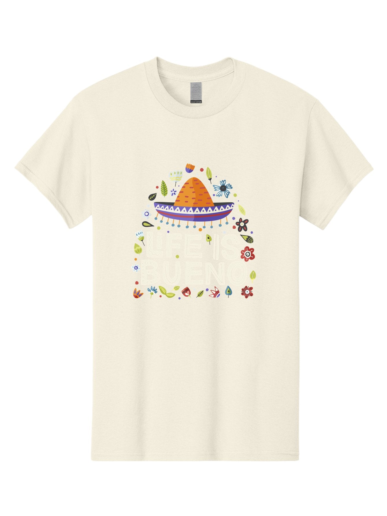 Life-Is-Bueno-1 Men'S Graphic Tee, 100% Cotton, Comfortable Casual Summer Wear, Machine Washable, Colorful Illustration, Sombrero Hat, Flowers, Leaves, Vibrant Colors, Festive Design, Mexican Culture, Positive Vibes, Inspirational Quote, -  Aaa269 5
