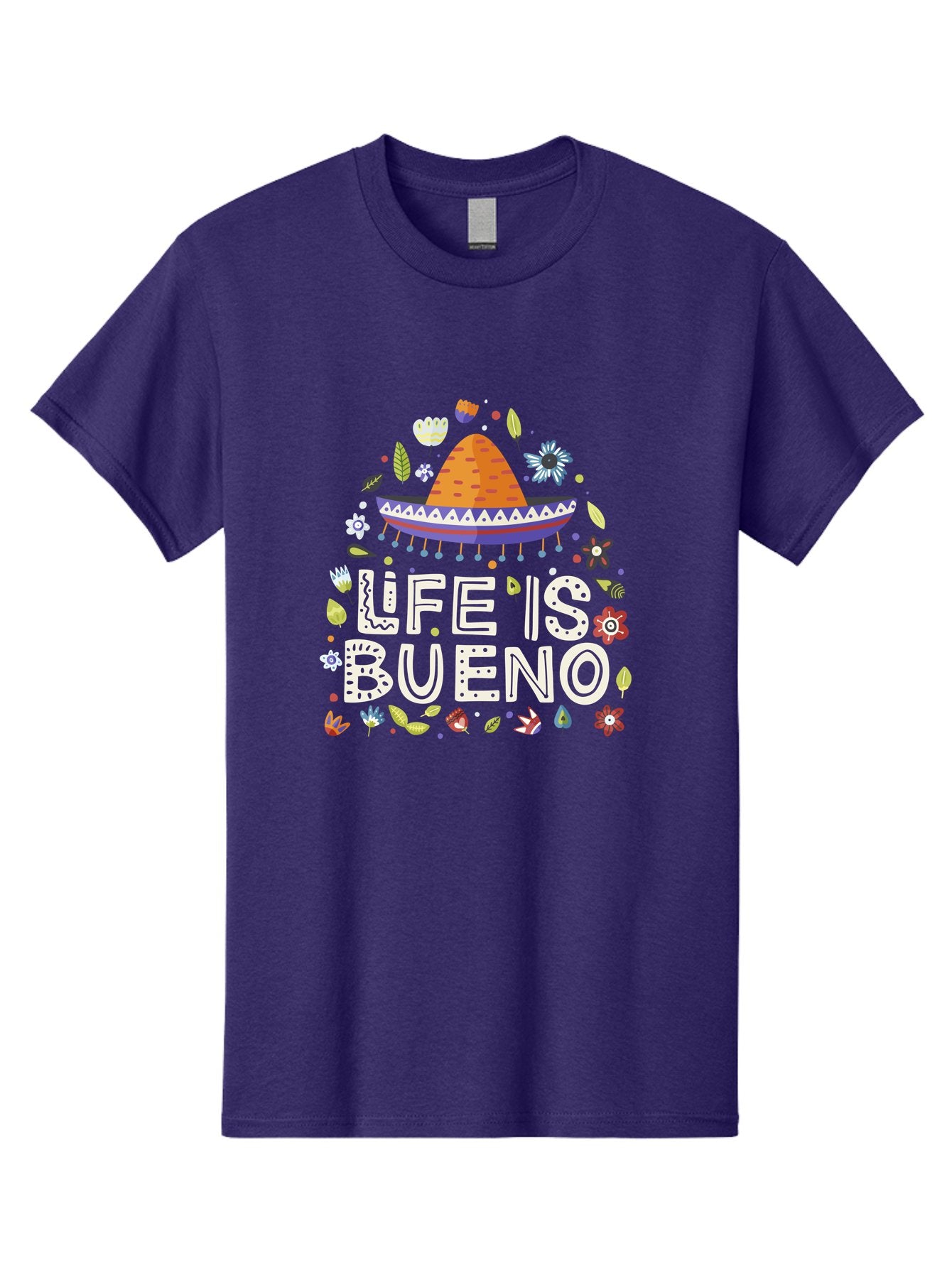 Life-Is-Bueno-1 Men'S Graphic Tee, 100% Cotton, Comfortable Casual Summer Wear, Machine Washable, Colorful Illustration, Sombrero Hat, Flowers, Leaves, Vibrant Colors, Festive Design, Mexican Culture, Positive Vibes, Inspirational Quote, -  Aaa269 9