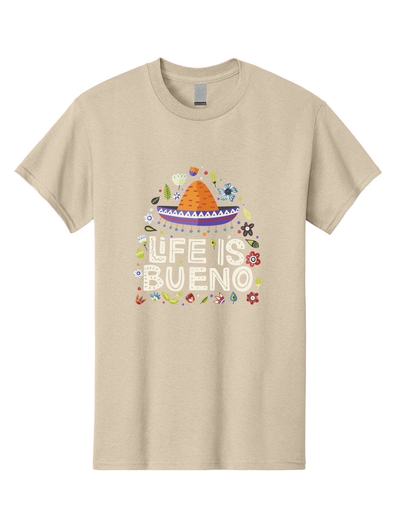 Life-Is-Bueno-1 Men'S Graphic Tee, 100% Cotton, Comfortable Casual Summer Wear, Machine Washable, Colorful Illustration, Sombrero Hat, Flowers, Leaves, Vibrant Colors, Festive Design, Mexican Culture, Positive Vibes, Inspirational Quote, -  Aaa269 13
