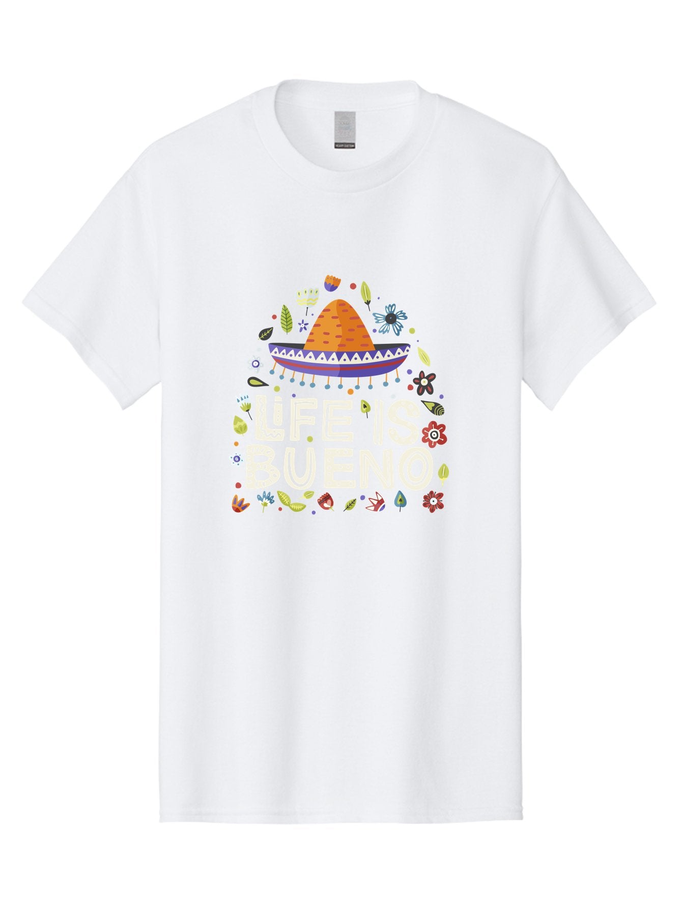 Life-Is-Bueno-1 Men'S Graphic Tee, 100% Cotton, Comfortable Casual Summer Wear, Machine Washable, Colorful Illustration, Sombrero Hat, Flowers, Leaves, Vibrant Colors, Festive Design, Mexican Culture, Positive Vibes, Inspirational Quote, -  Aaa269 7