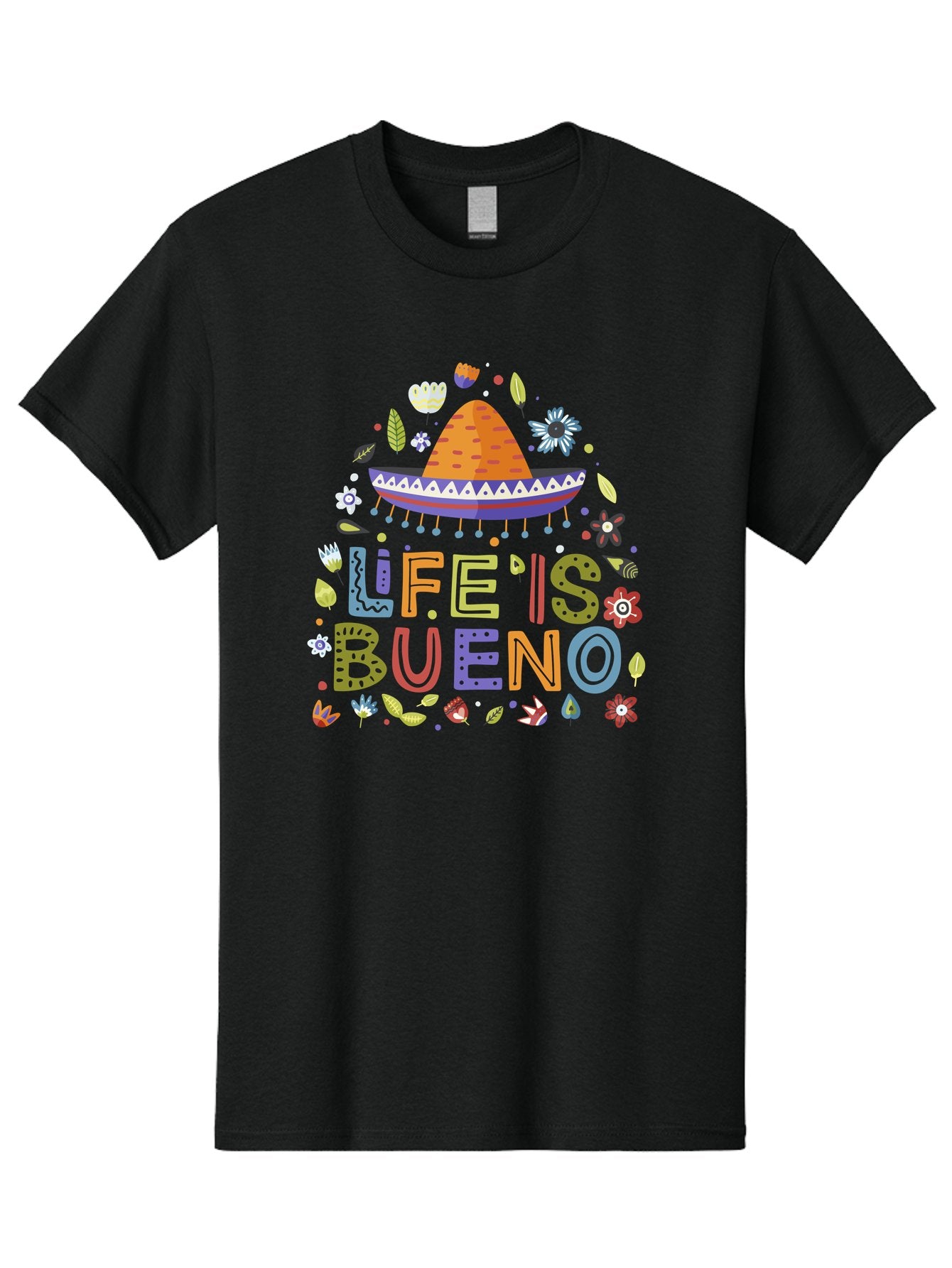 Life-Is-Bueno Men'S Graphic Tee, 100% Cotton, Comfortable Casual Summer Wear, Machine Washable, Colorful Sombrero, Vibrant Flowers, Festive Design, Fun Typography, Life Is Bueno Phrase, Lively Atmosphere, Festive Vibe, Celebration Theme, -  Aaa272 11