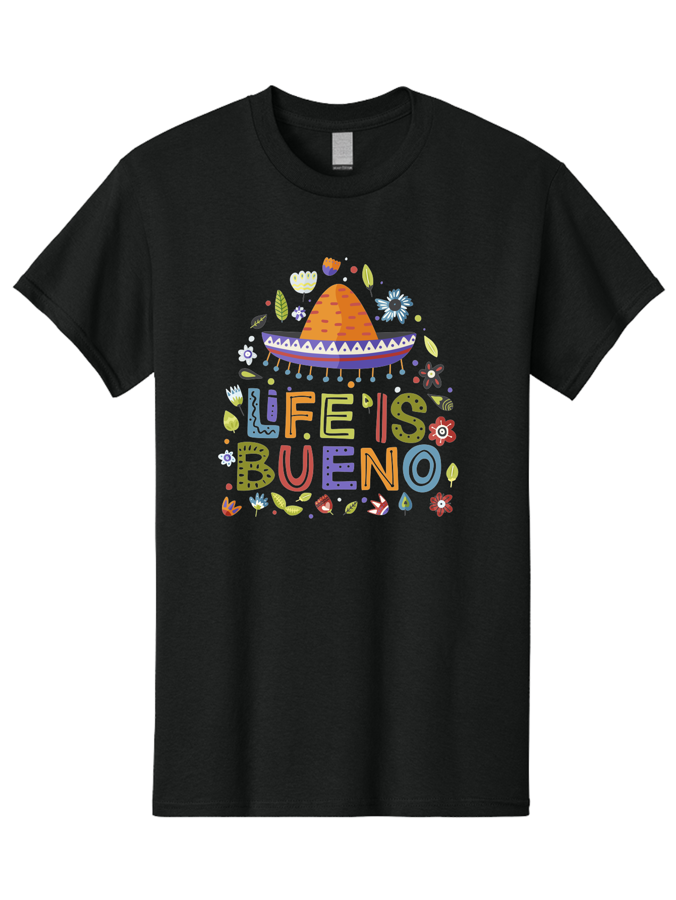 Life-Is-Bueno Men'S Graphic Tee, 100% Cotton, Comfortable Casual Summer Wear, Machine Washable, Colorful Sombrero, Vibrant Flowers, Festive Design, Fun Typography, Life Is Bueno Phrase, Lively Atmosphere, Festive Vibe, Celebration Theme, -  Aaa272 3