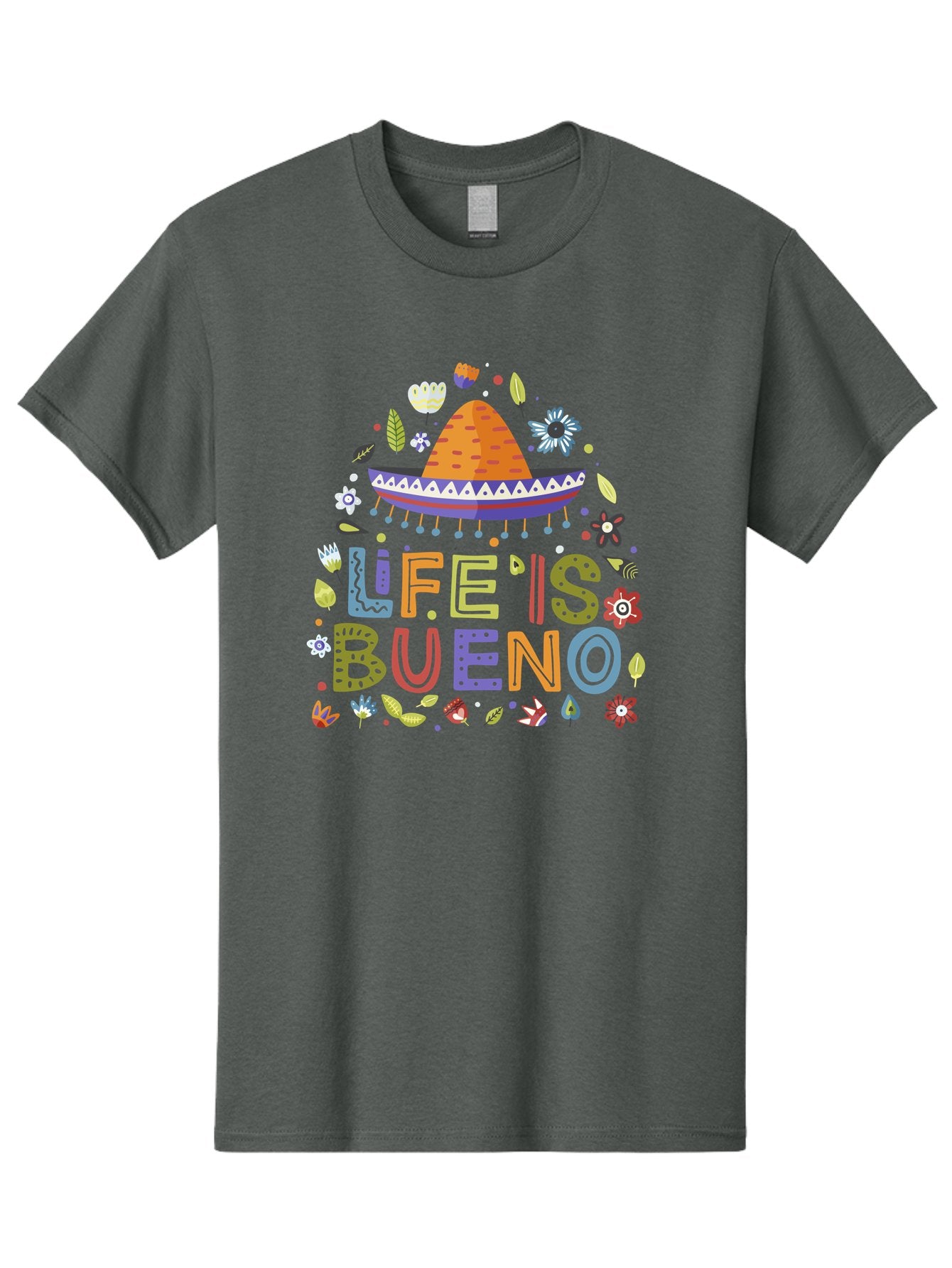 Life-Is-Bueno Men'S Graphic Tee, 100% Cotton, Comfortable Casual Summer Wear, Machine Washable, Colorful Sombrero, Vibrant Flowers, Festive Design, Fun Typography, Life Is Bueno Phrase, Lively Atmosphere, Festive Vibe, Celebration Theme, -  Aaa272