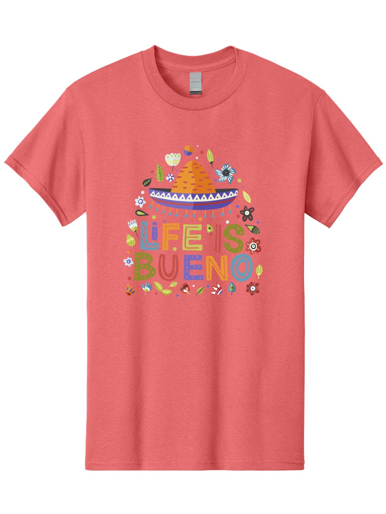 Life-Is-Bueno Men'S Graphic Tee, 100% Cotton, Comfortable Casual Summer Wear, Machine Washable, Colorful Sombrero, Vibrant Flowers, Festive Design, Fun Typography, Life Is Bueno Phrase, Lively Atmosphere, Festive Vibe, Celebration Theme, -  Aaa272 29