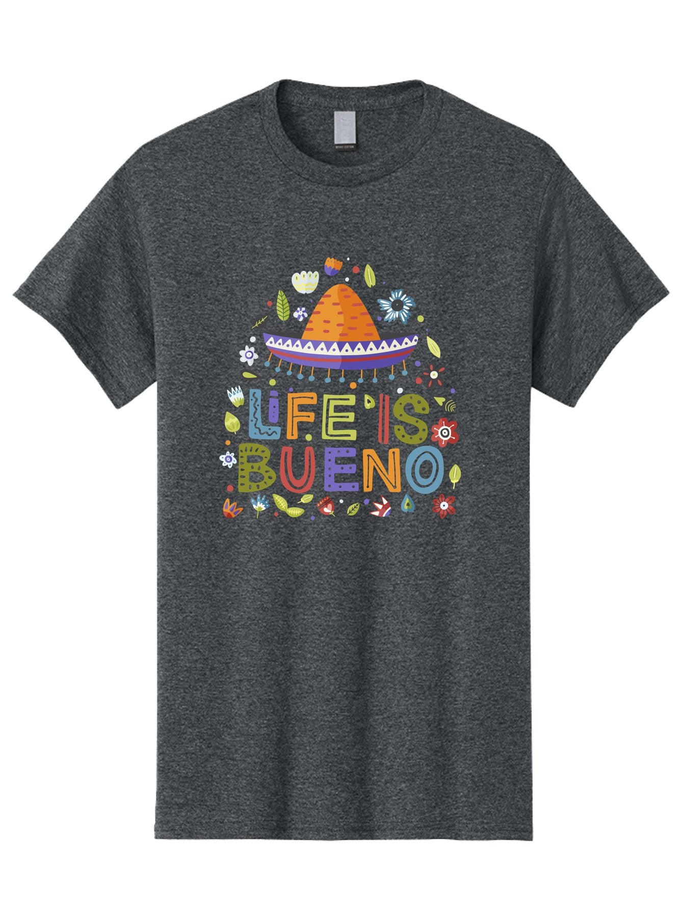 Life-Is-Bueno Men'S Graphic Tee, 100% Cotton, Comfortable Casual Summer Wear, Machine Washable, Colorful Sombrero, Vibrant Flowers, Festive Design, Fun Typography, Life Is Bueno Phrase, Lively Atmosphere, Festive Vibe, Celebration Theme, -  Aaa272 13