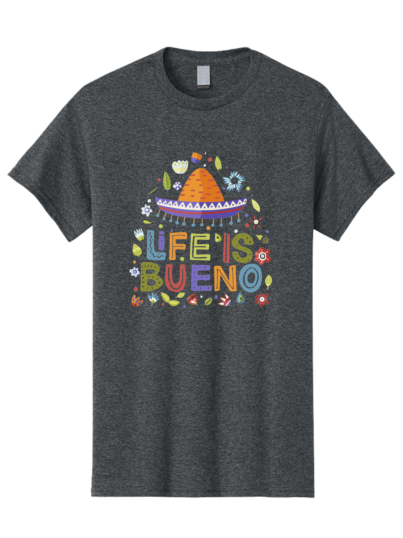 Life-Is-Bueno Men'S Graphic Tee, 100% Cotton, Comfortable Casual Summer Wear, Machine Washable, Colorful Sombrero, Vibrant Flowers, Festive Design, Fun Typography, Life Is Bueno Phrase, Lively Atmosphere, Festive Vibe, Celebration Theme, -  Aaa272 29