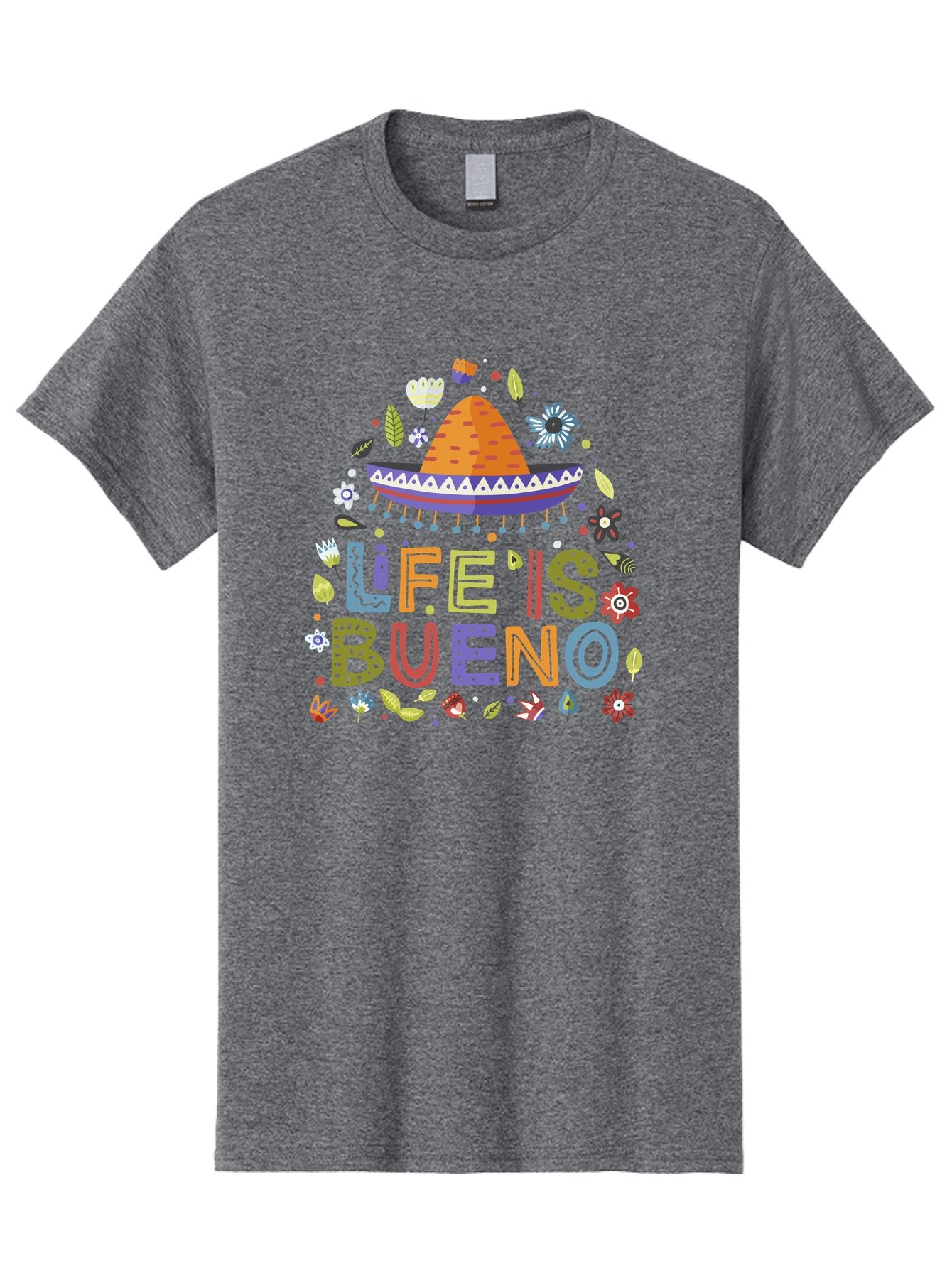 Life-Is-Bueno Men'S Graphic Tee, 100% Cotton, Comfortable Casual Summer Wear, Machine Washable, Colorful Sombrero, Vibrant Flowers, Festive Design, Fun Typography, Life Is Bueno Phrase, Lively Atmosphere, Festive Vibe, Celebration Theme, -  Aaa272 21