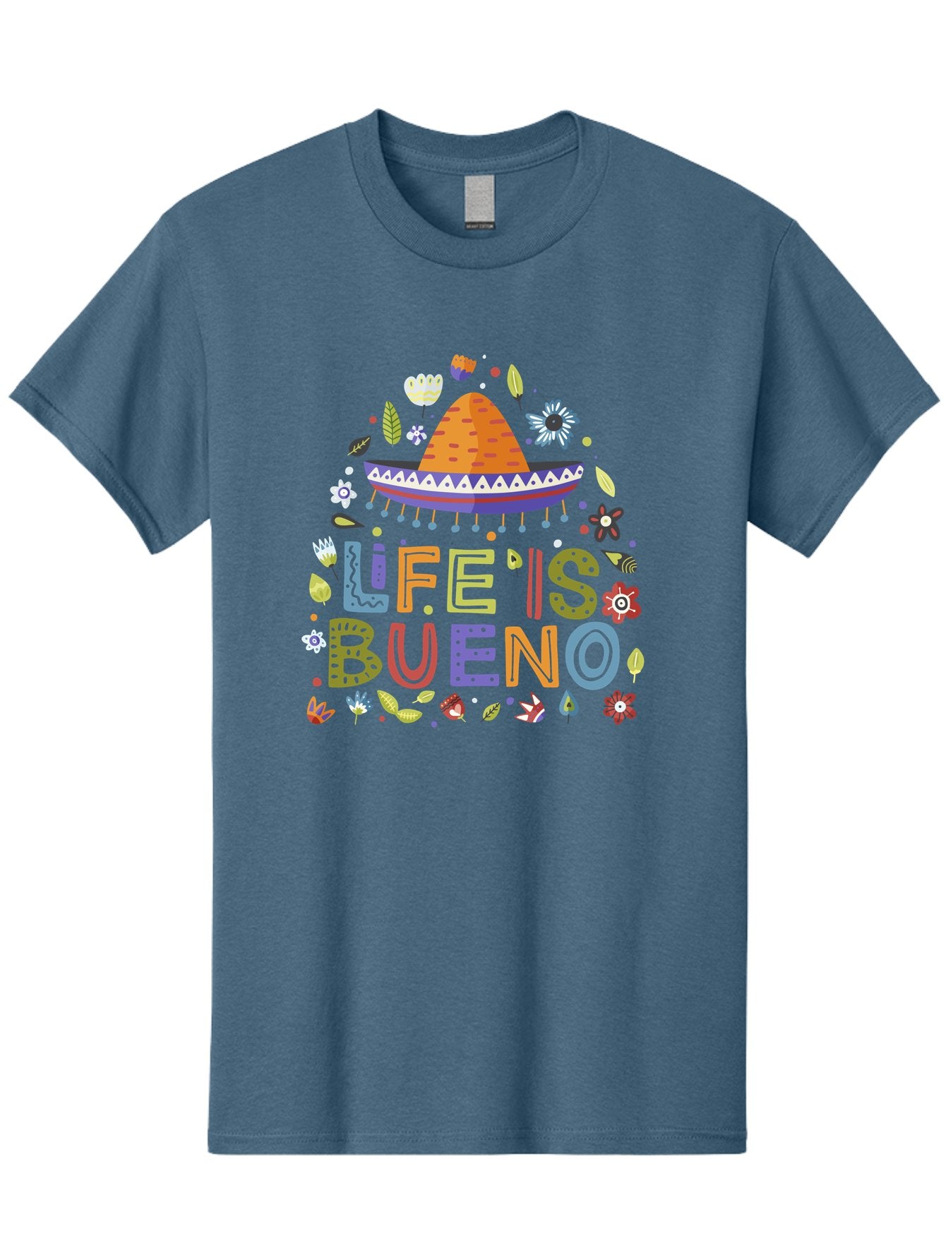 Life-Is-Bueno Men'S Graphic Tee, 100% Cotton, Comfortable Casual Summer Wear, Machine Washable, Colorful Sombrero, Vibrant Flowers, Festive Design, Fun Typography, Life Is Bueno Phrase, Lively Atmosphere, Festive Vibe, Celebration Theme, -  Aaa272 27