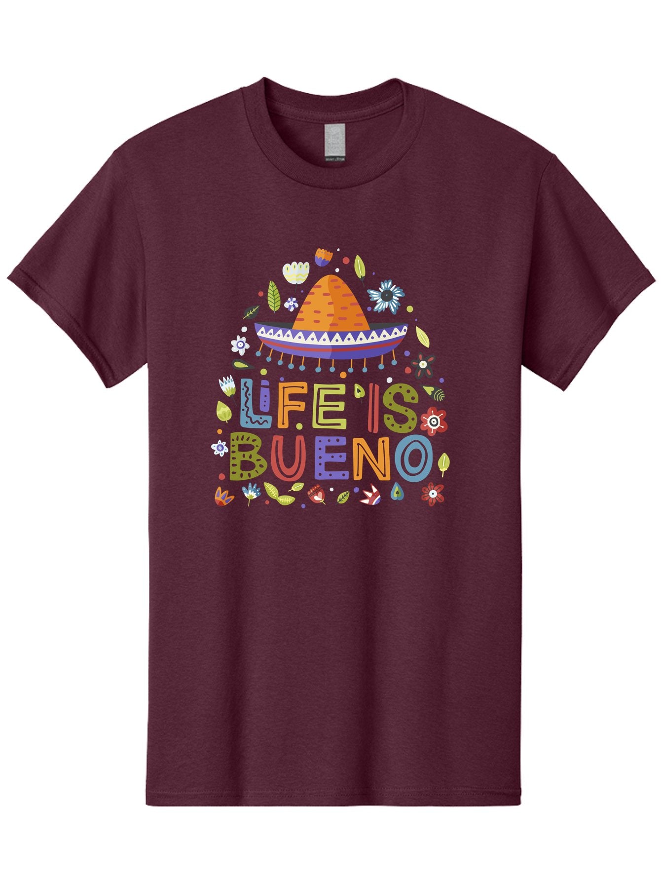 Life-Is-Bueno Men'S Graphic Tee, 100% Cotton, Comfortable Casual Summer Wear, Machine Washable, Colorful Sombrero, Vibrant Flowers, Festive Design, Fun Typography, Life Is Bueno Phrase, Lively Atmosphere, Festive Vibe, Celebration Theme, -  Aaa272 9