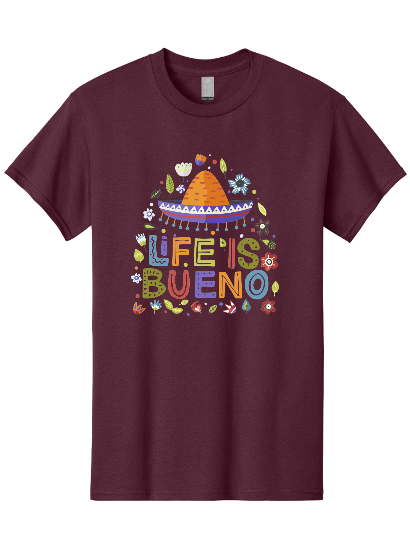 Life-Is-Bueno Men'S Graphic Tee, 100% Cotton, Comfortable Casual Summer Wear, Machine Washable, Colorful Sombrero, Vibrant Flowers, Festive Design, Fun Typography, Life Is Bueno Phrase, Lively Atmosphere, Festive Vibe, Celebration Theme, -  Aaa272 23