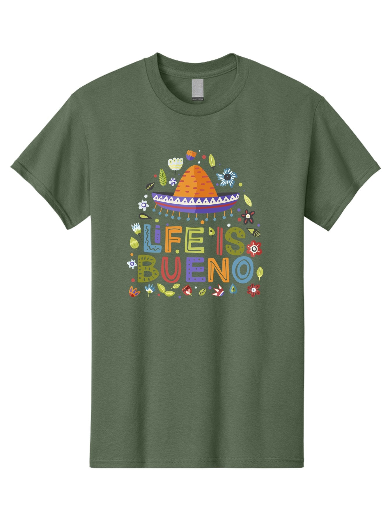 Life-Is-Bueno Men'S Graphic Tee, 100% Cotton, Comfortable Casual Summer Wear, Machine Washable, Colorful Sombrero, Vibrant Flowers, Festive Design, Fun Typography, Life Is Bueno Phrase, Lively Atmosphere, Festive Vibe, Celebration Theme, -  Aaa272 15