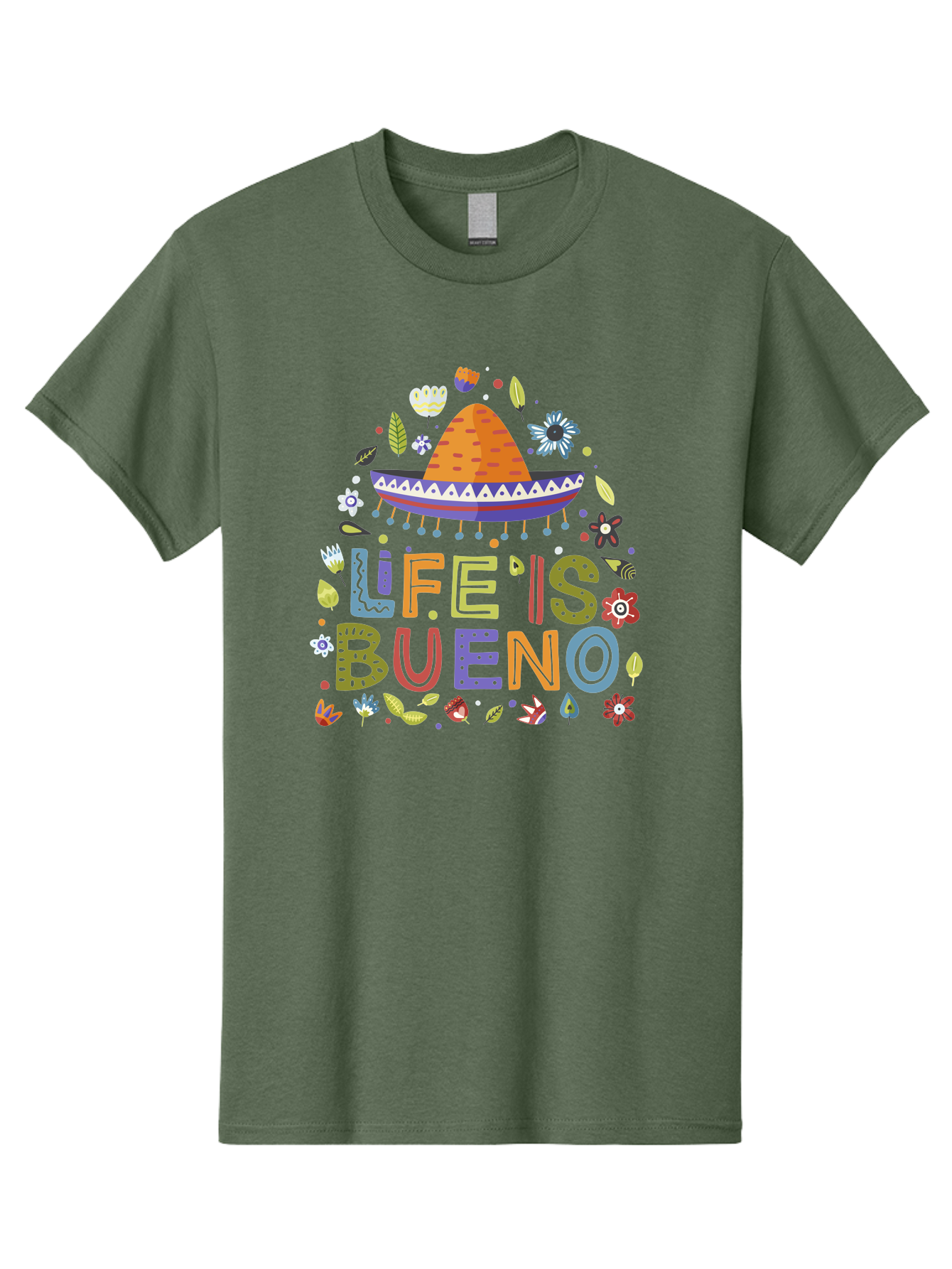 Life-Is-Bueno Men'S Graphic Tee, 100% Cotton, Comfortable Casual Summer Wear, Machine Washable, Colorful Sombrero, Vibrant Flowers, Festive Design, Fun Typography, Life Is Bueno Phrase, Lively Atmosphere, Festive Vibe, Celebration Theme, -  Aaa272 25