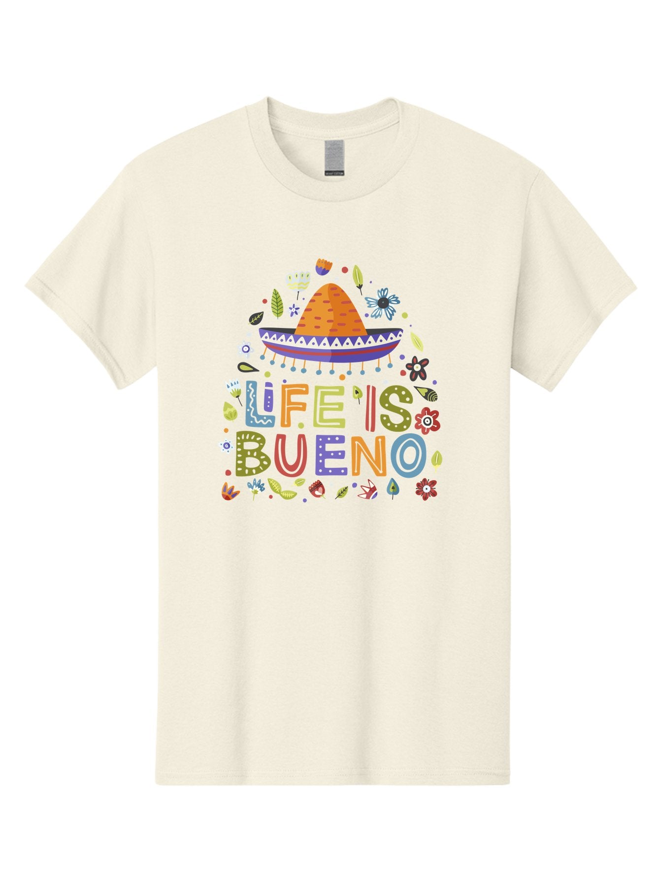 Life-Is-Bueno Men'S Graphic Tee, 100% Cotton, Comfortable Casual Summer Wear, Machine Washable, Colorful Sombrero, Vibrant Flowers, Festive Design, Fun Typography, Life Is Bueno Phrase, Lively Atmosphere, Festive Vibe, Celebration Theme, -  Aaa272 7