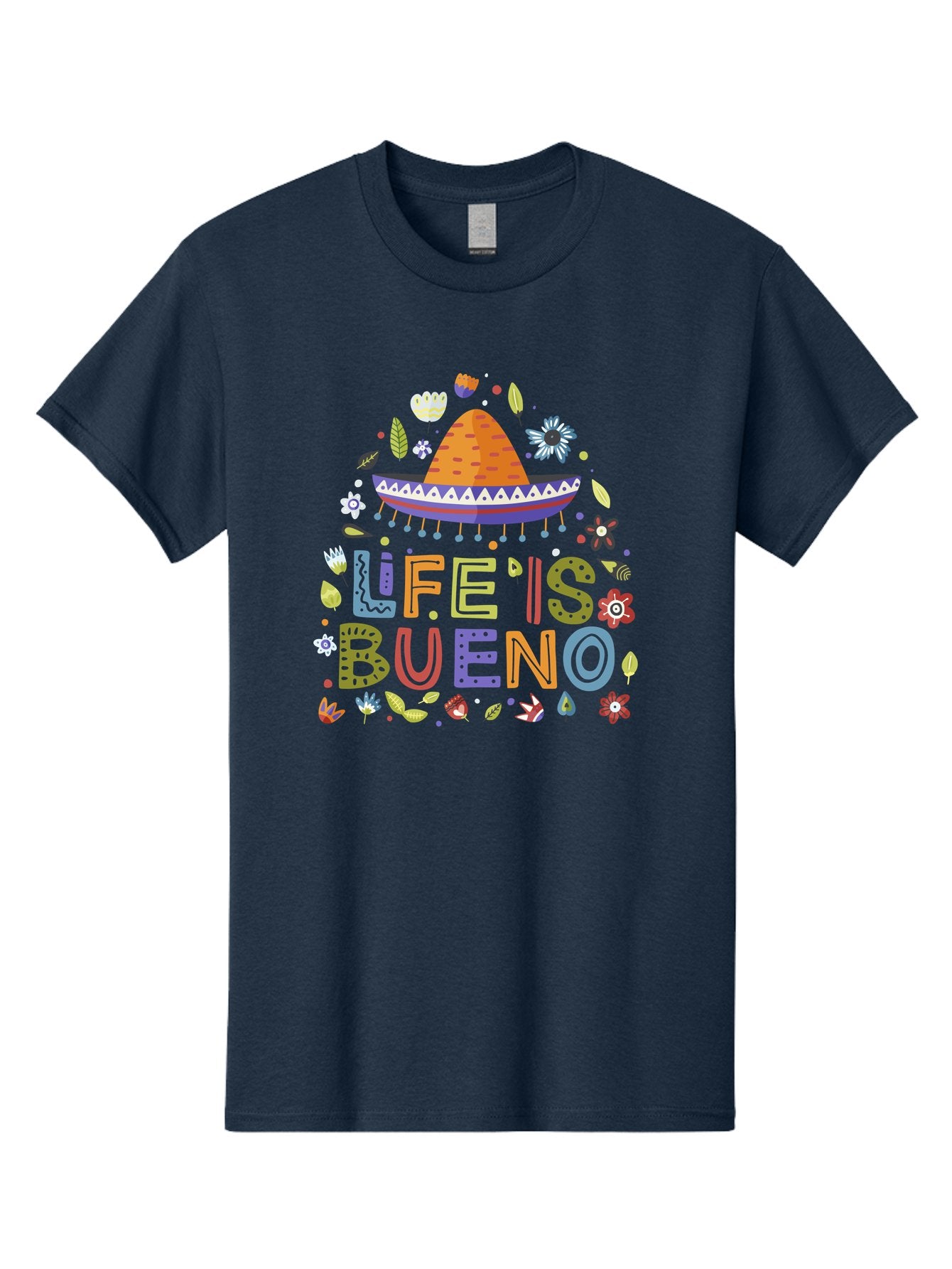 Life-Is-Bueno Men'S Graphic Tee, 100% Cotton, Comfortable Casual Summer Wear, Machine Washable, Colorful Sombrero, Vibrant Flowers, Festive Design, Fun Typography, Life Is Bueno Phrase, Lively Atmosphere, Festive Vibe, Celebration Theme, -  Aaa272 3