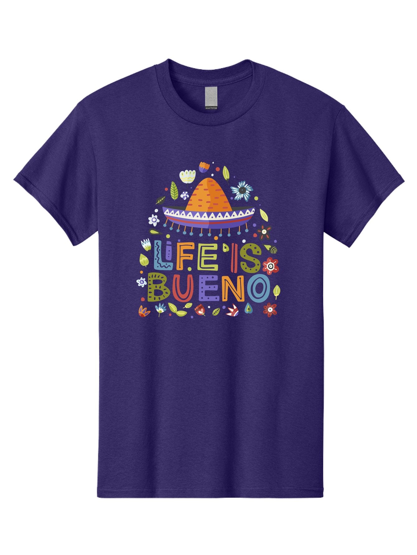Life-Is-Bueno Men'S Graphic Tee, 100% Cotton, Comfortable Casual Summer Wear, Machine Washable, Colorful Sombrero, Vibrant Flowers, Festive Design, Fun Typography, Life Is Bueno Phrase, Lively Atmosphere, Festive Vibe, Celebration Theme, -  Aaa272 5