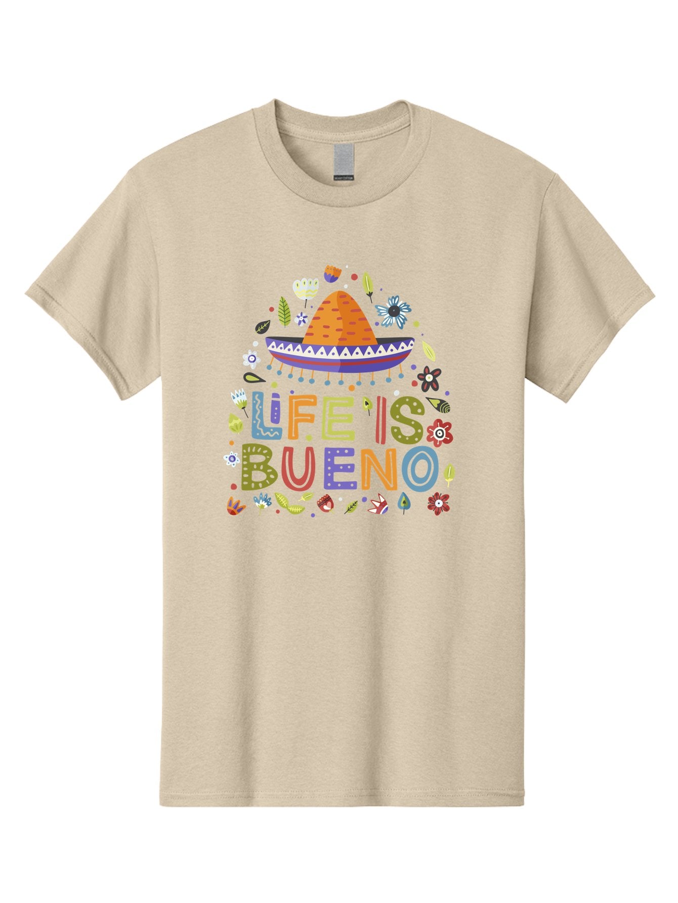 Life-Is-Bueno Men'S Graphic Tee, 100% Cotton, Comfortable Casual Summer Wear, Machine Washable, Colorful Sombrero, Vibrant Flowers, Festive Design, Fun Typography, Life Is Bueno Phrase, Lively Atmosphere, Festive Vibe, Celebration Theme, -  Aaa272 17