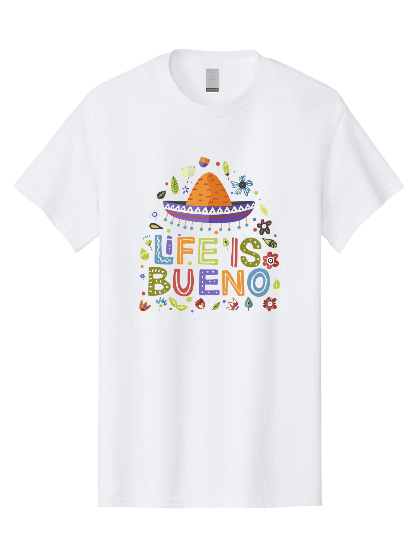 Life-Is-Bueno Men'S Graphic Tee, 100% Cotton, Comfortable Casual Summer Wear, Machine Washable, Colorful Sombrero, Vibrant Flowers, Festive Design, Fun Typography, Life Is Bueno Phrase, Lively Atmosphere, Festive Vibe, Celebration Theme, -  Aaa272 25