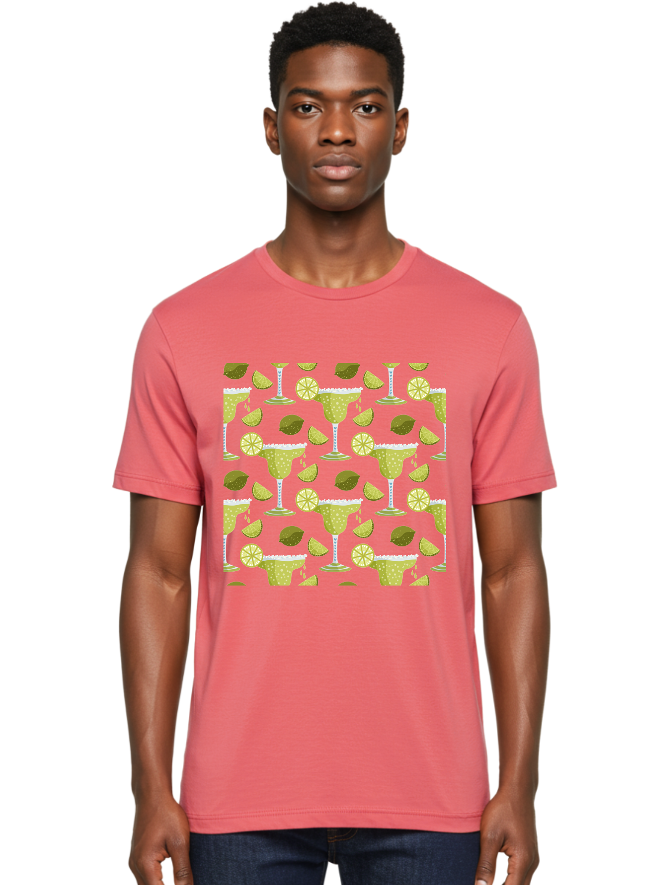 Margarita-Glasses-Lime-Wedges Men'S Graphic Tee, 100% Cotton, Comfortable Casual Summer Wear, Machine Washable, Margarita Glasses, Cocktail Glasses, Yellow Polka Dots, Salt Rims, Lime Wedges, Citrus Slices, Festive Patterns, -  Aaa277