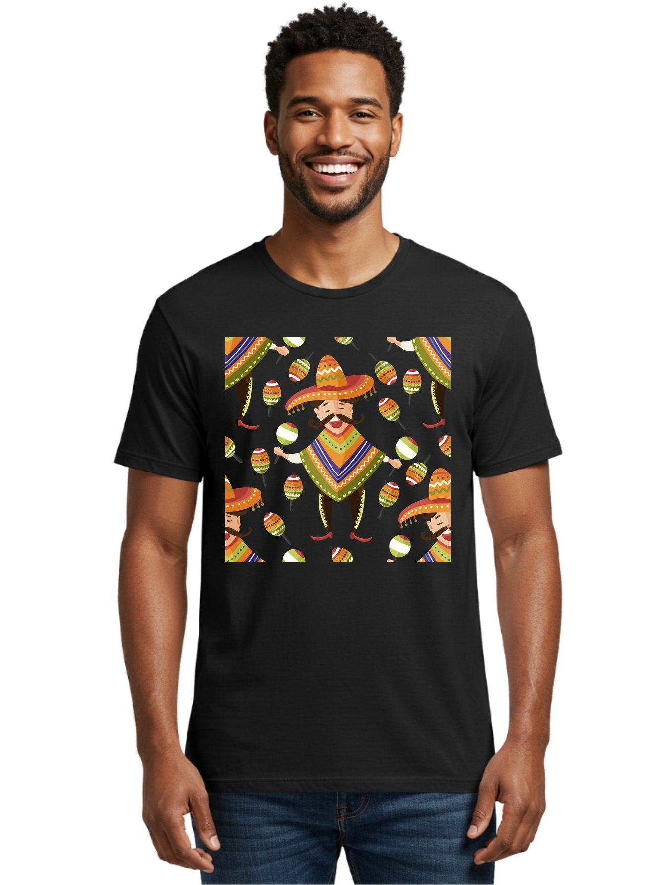 Mariachi-Pattern Men'S Graphic Tee, 100% Cotton, Comfortable Casual Summer Wear, Machine Washable, Mexican Mariachi, Colorful Sombrero, Traditional Clothing, Maracas, Festive Atmosphere, Lively Music, Vibrant Colors, Cultural Heritage, -  Aaa278 26