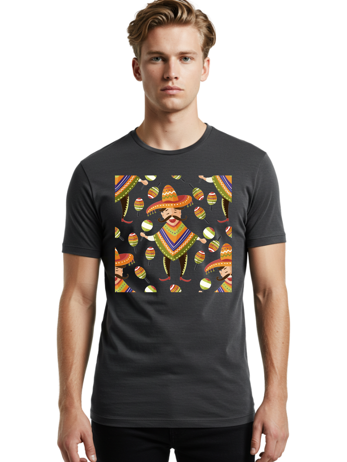 Mariachi-Pattern Men'S Graphic Tee, 100% Cotton, Comfortable Casual Summer Wear, Machine Washable, Mexican Mariachi, Colorful Sombrero, Traditional Clothing, Maracas, Festive Atmosphere, Lively Music, Vibrant Colors, Cultural Heritage, -  Aaa278 14