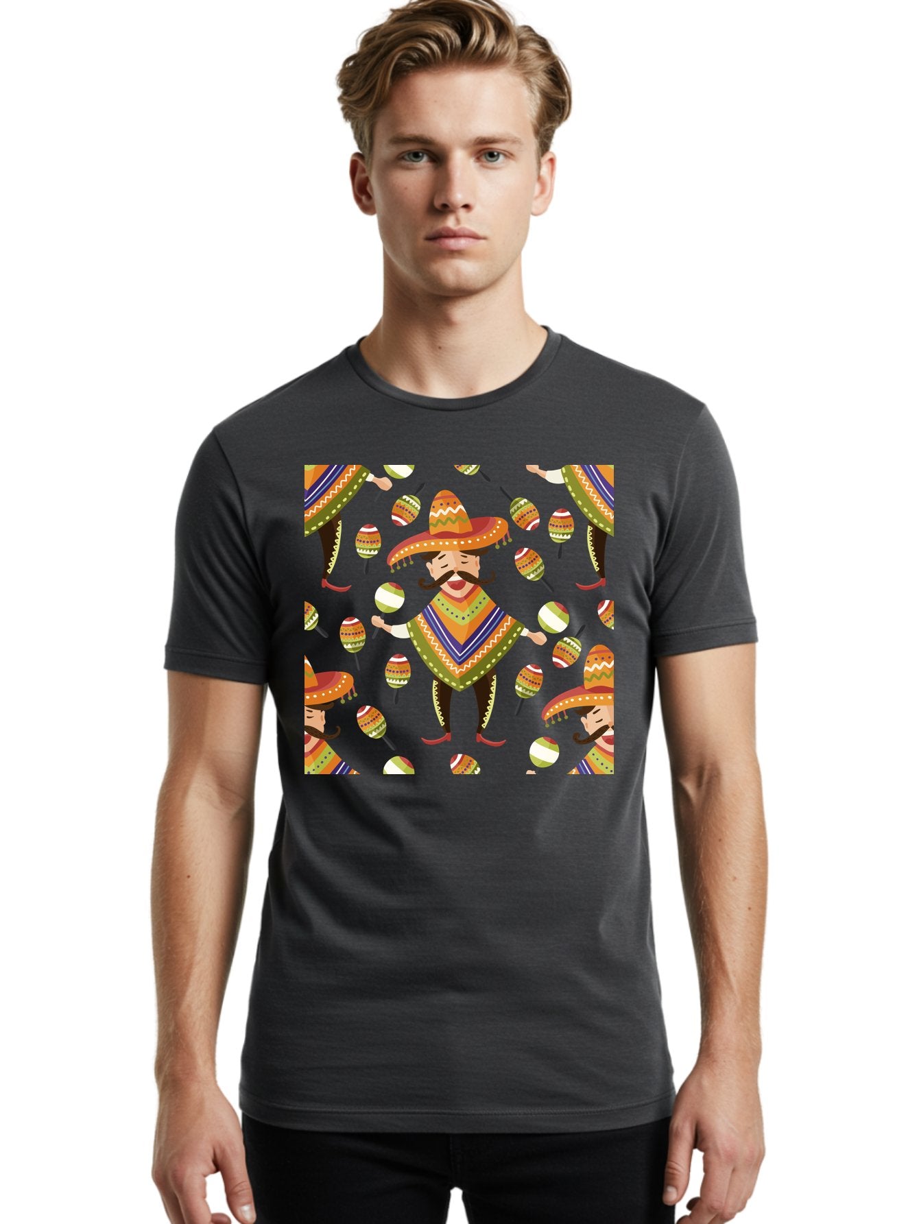Mariachi-Pattern Men'S Graphic Tee, 100% Cotton, Comfortable Casual Summer Wear, Machine Washable, Mexican Mariachi, Colorful Sombrero, Traditional Clothing, Maracas, Festive Atmosphere, Lively Music, Vibrant Colors, Cultural Heritage, -  Aaa278 24