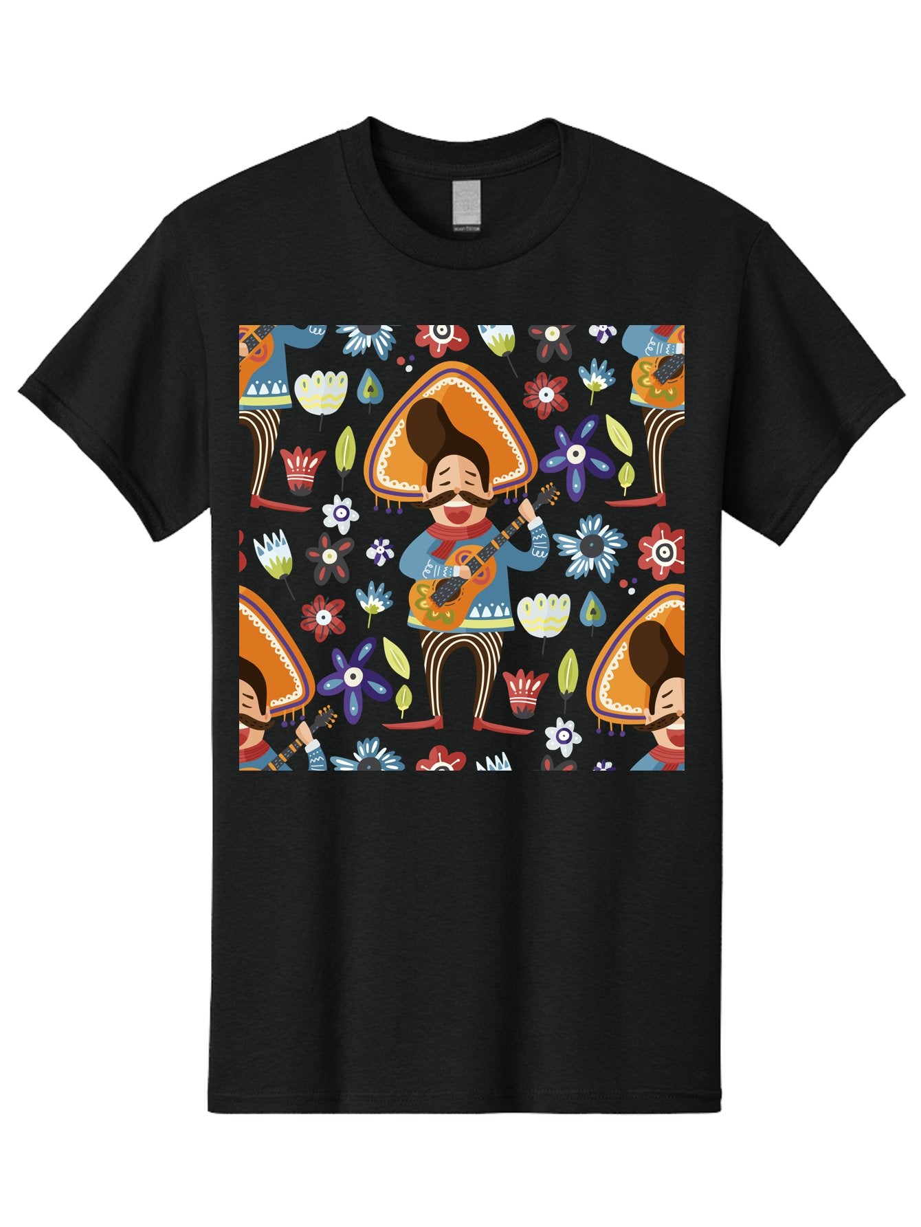 Mexican-Guitarist Men'S Graphic Tee, 100% Cotton, Comfortable Casual Summer Wear, Machine Washable, Mariachi Man Playing Guitar, Sombrero Hat, Mustache, Vibrant Flowers, Festive Atmosphere, Lively Music, Cultural Heritage, -  Aaa279 7