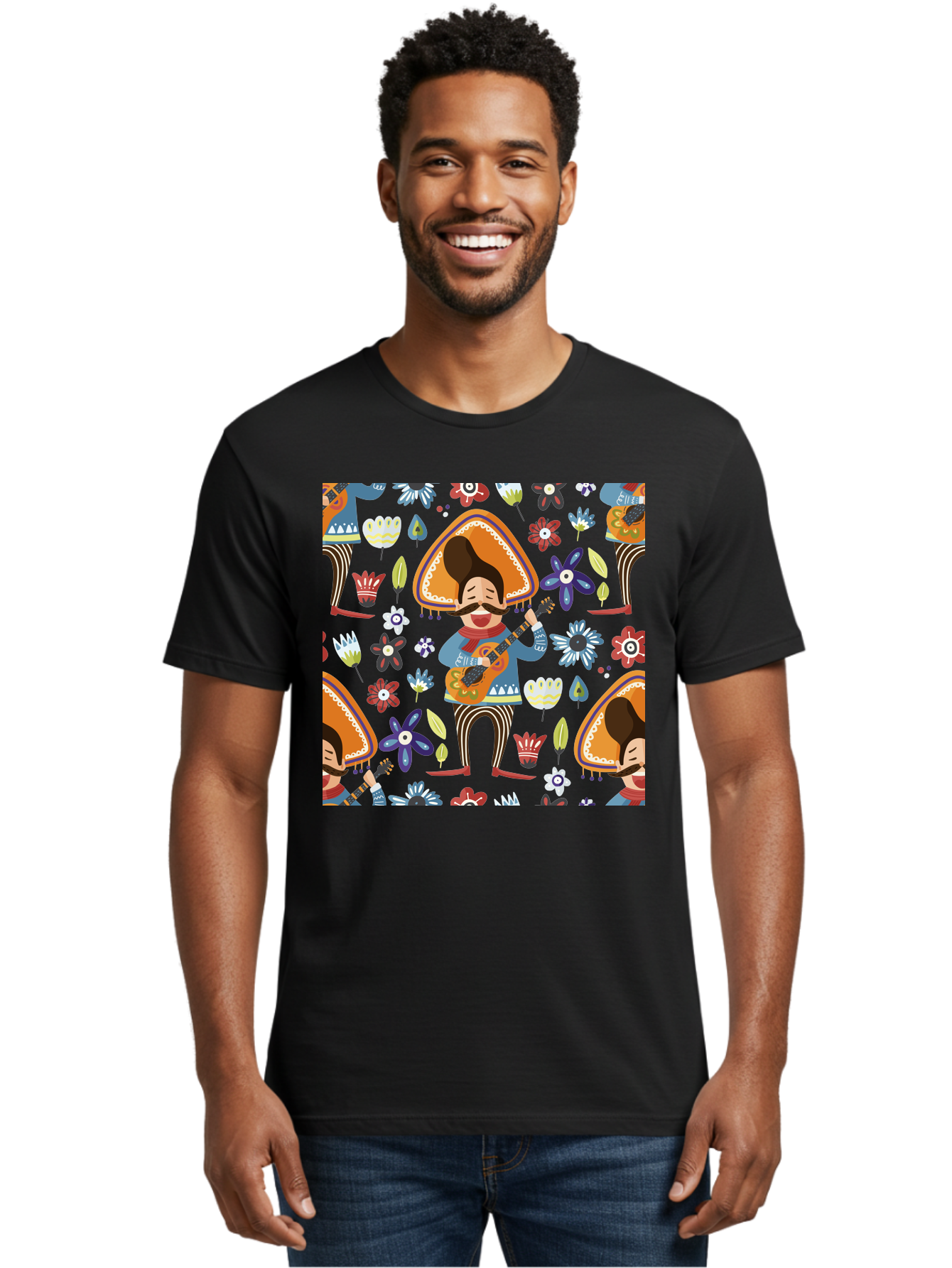 Mexican-Guitarist Men'S Graphic Tee, 100% Cotton, Comfortable Casual Summer Wear, Machine Washable, Mariachi Man Playing Guitar, Sombrero Hat, Mustache, Vibrant Flowers, Festive Atmosphere, Lively Music, Cultural Heritage, -  Aaa279 6