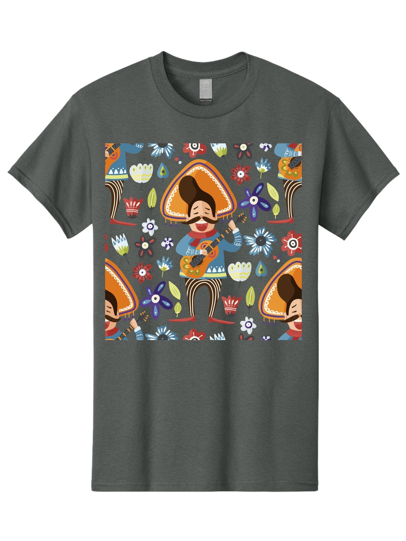 Mexican-Guitarist Men'S Graphic Tee, 100% Cotton, Comfortable Casual Summer Wear, Machine Washable, Mariachi Man Playing Guitar, Sombrero Hat, Mustache, Vibrant Flowers, Festive Atmosphere, Lively Music, Cultural Heritage, -  Aaa279 11