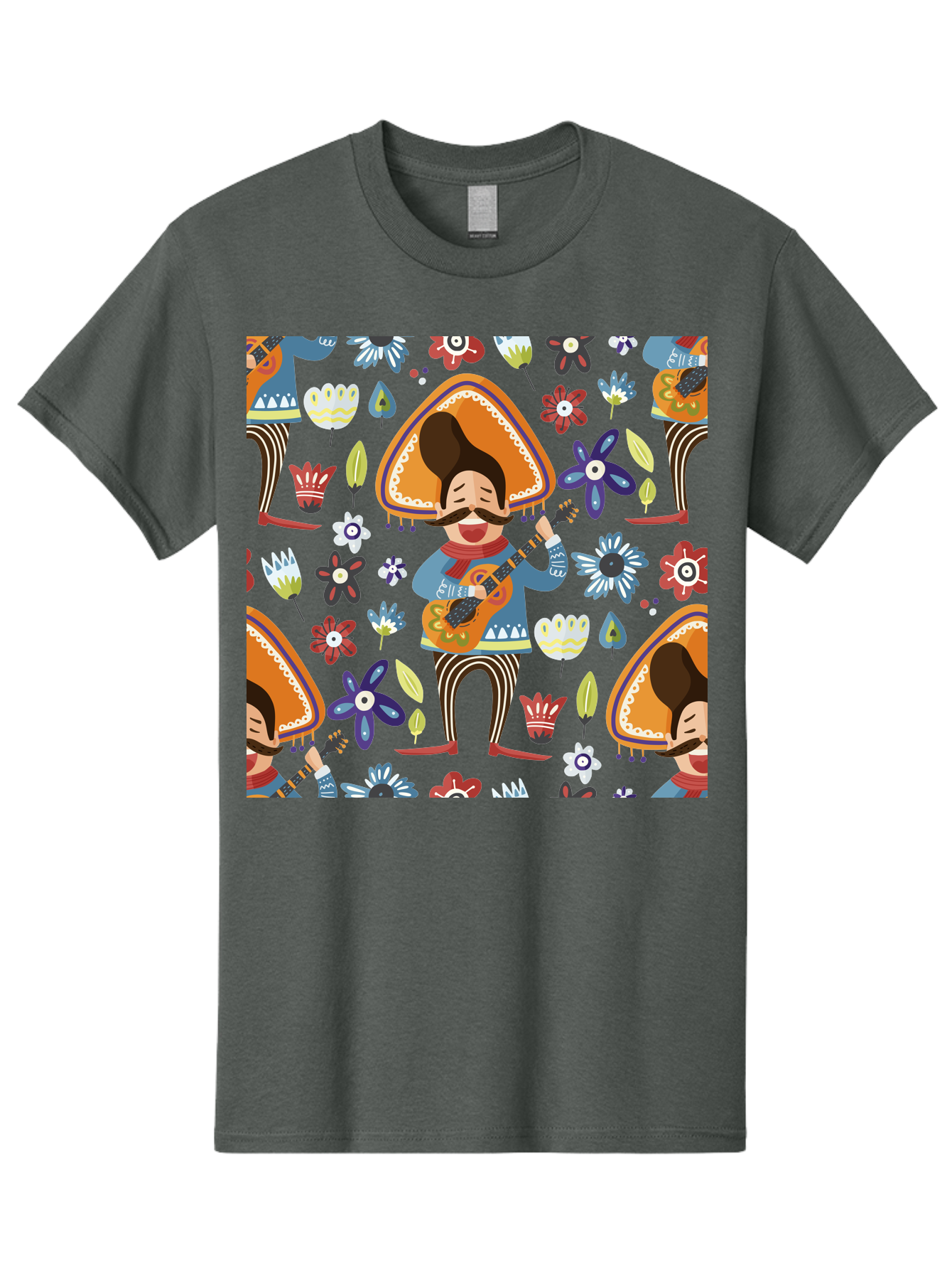 Mexican-Guitarist Men'S Graphic Tee, 100% Cotton, Comfortable Casual Summer Wear, Machine Washable, Mariachi Man Playing Guitar, Sombrero Hat, Mustache, Vibrant Flowers, Festive Atmosphere, Lively Music, Cultural Heritage, -  Aaa279 13